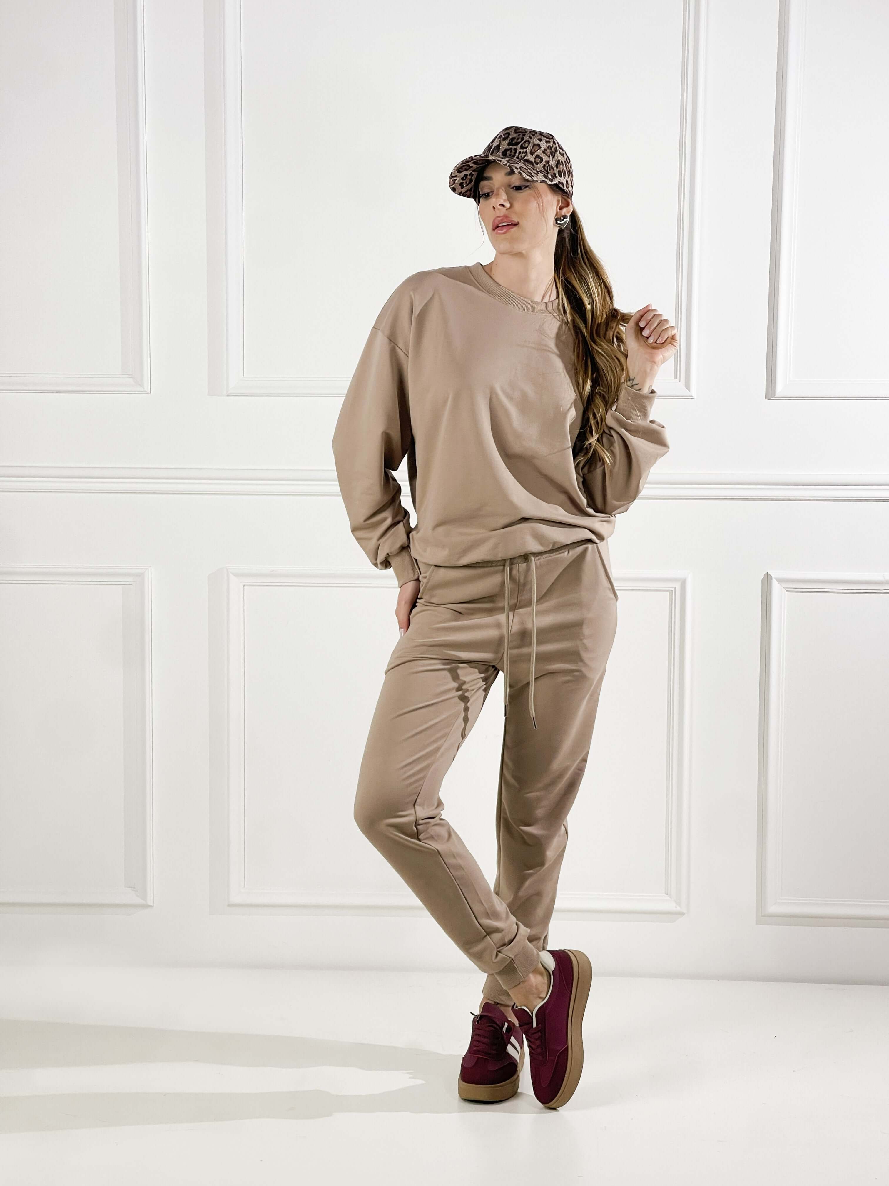 Pantalone in felpa con elastico alla caviglia|Colore:Terra