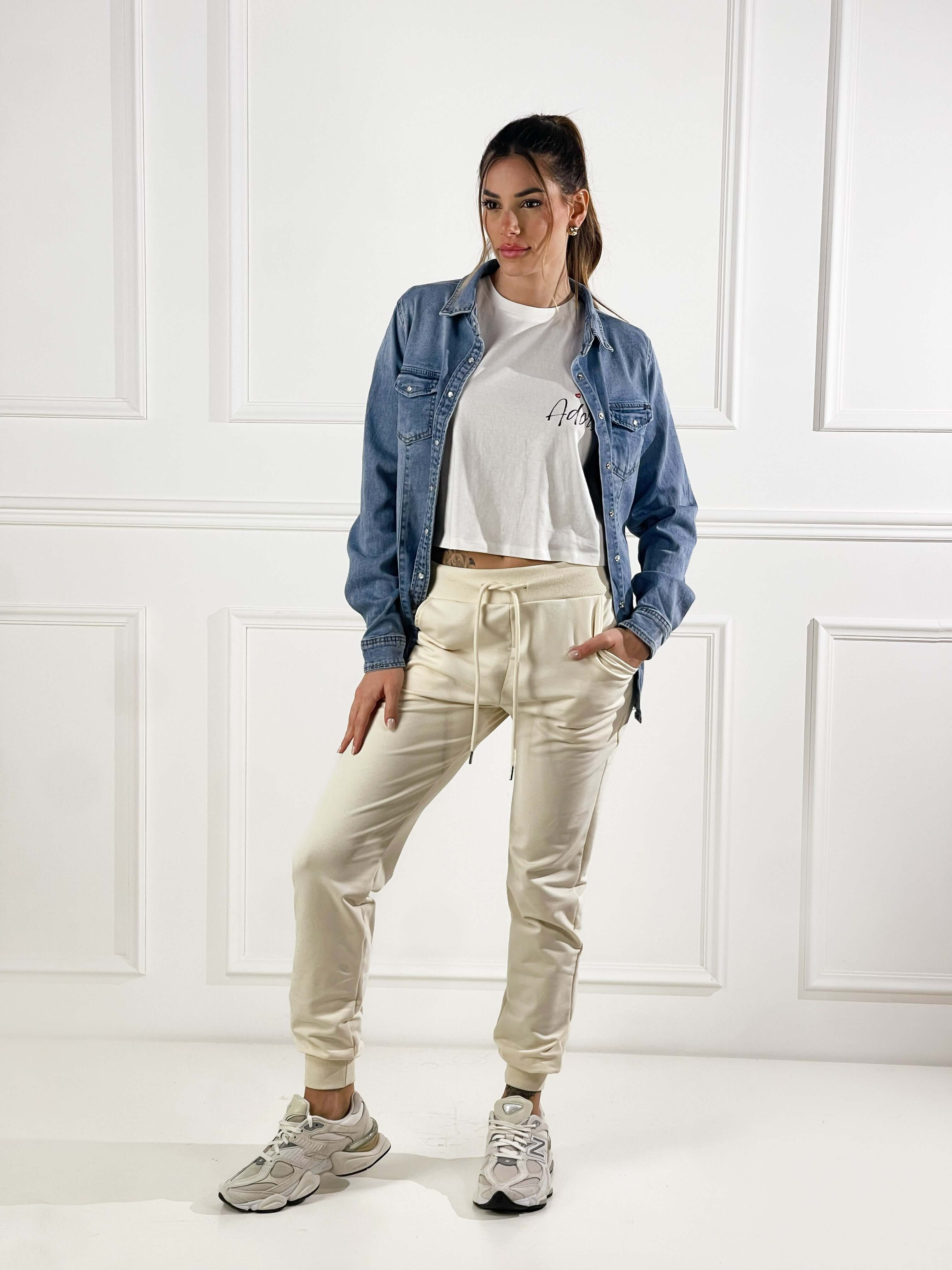 Pantalone in felpa con elastico alla caviglia|Colore:Burro