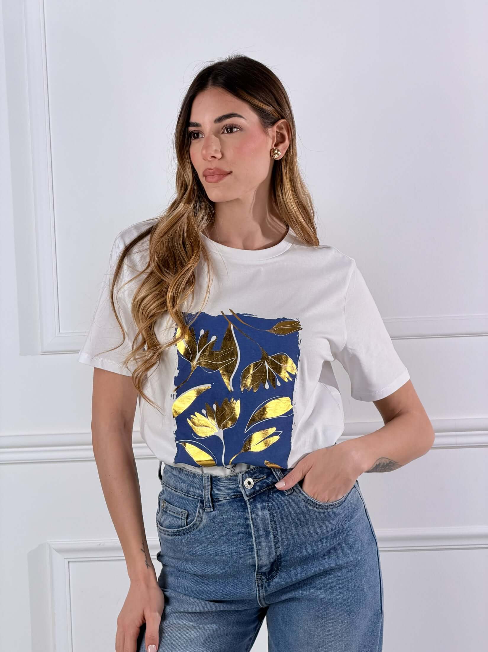 T_-Shirt Gold Leaf |Colore:Bianco/blu