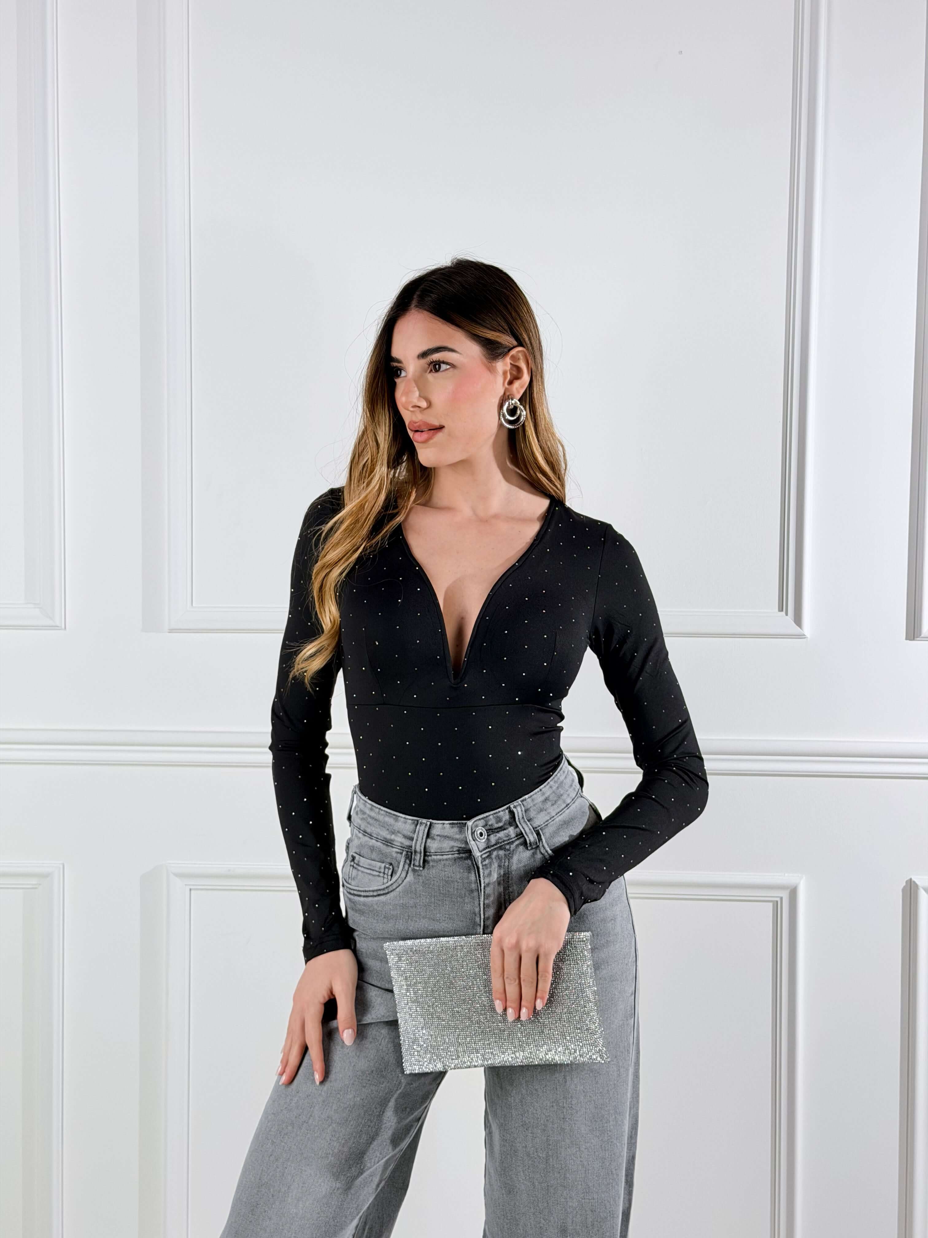 Body scollo a cuore con micro strass|Colore:Nero