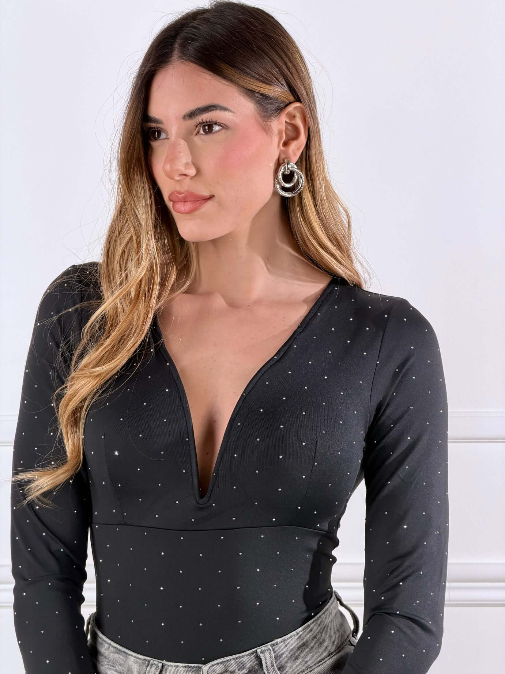 Body scollo a cuore con micro strass|Colore:Nero