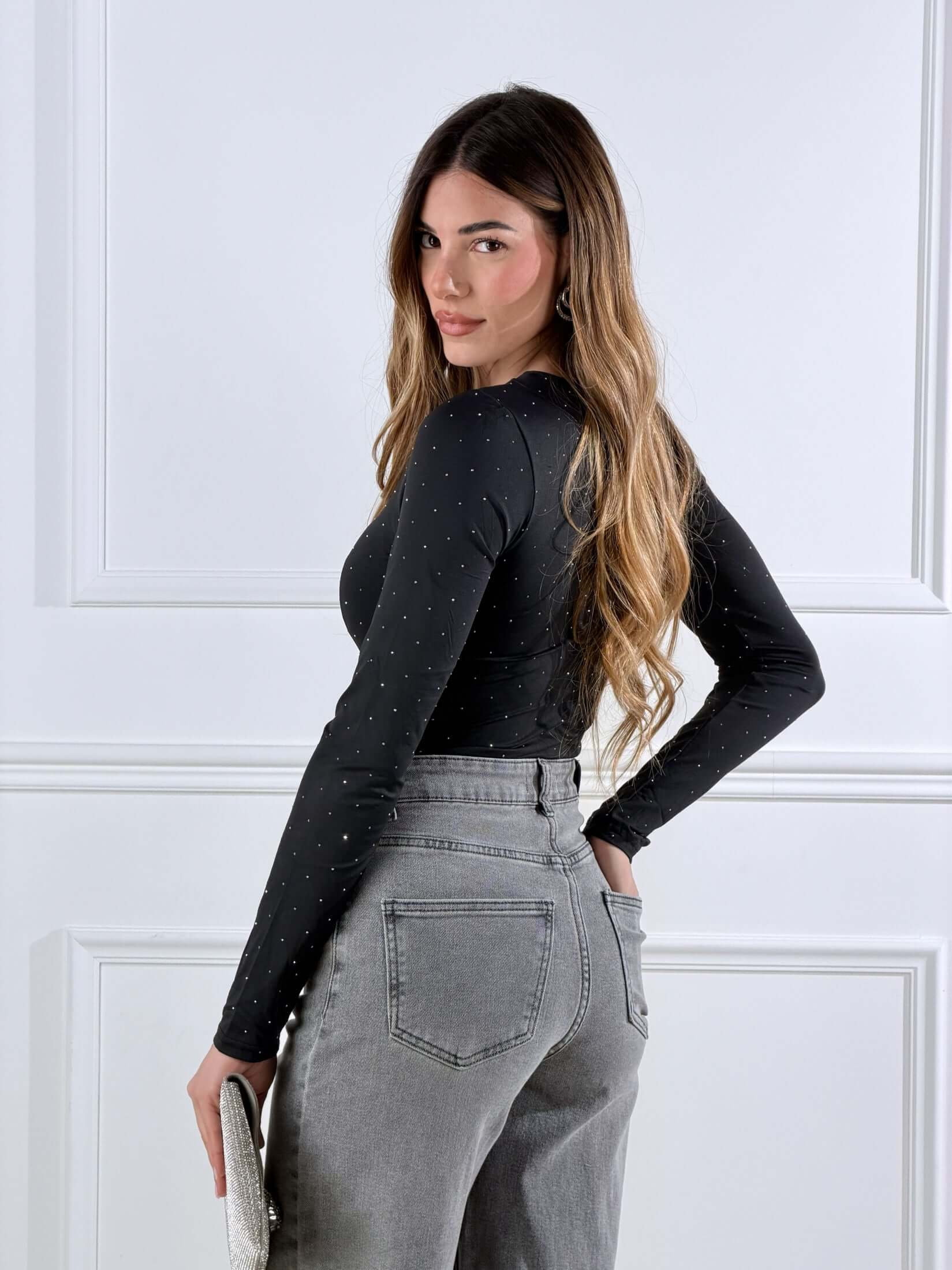 Body scollo a cuore con micro strass|Colore:Nero