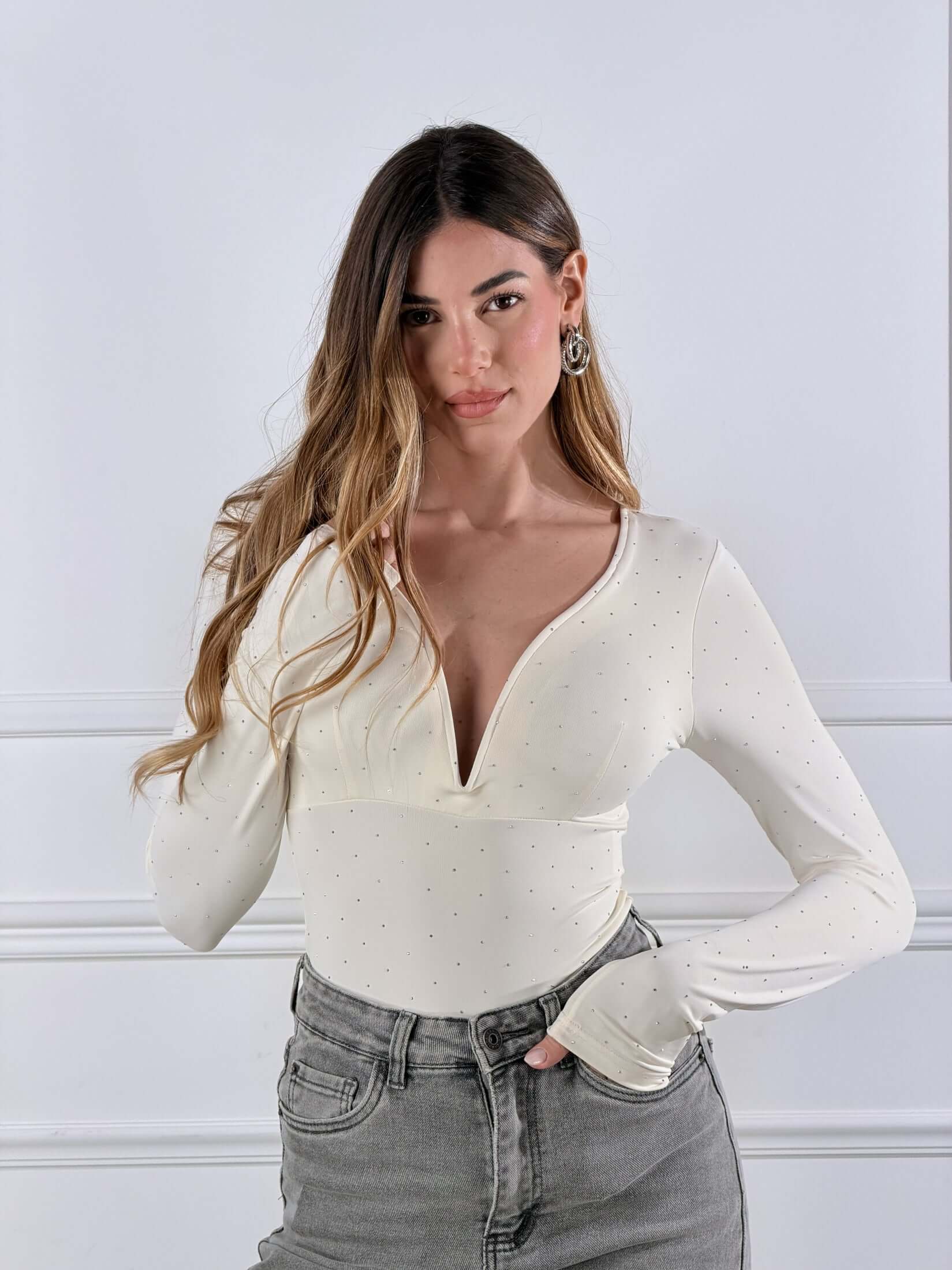 Body scollo a cuore con micro strass|Colore:Bianco