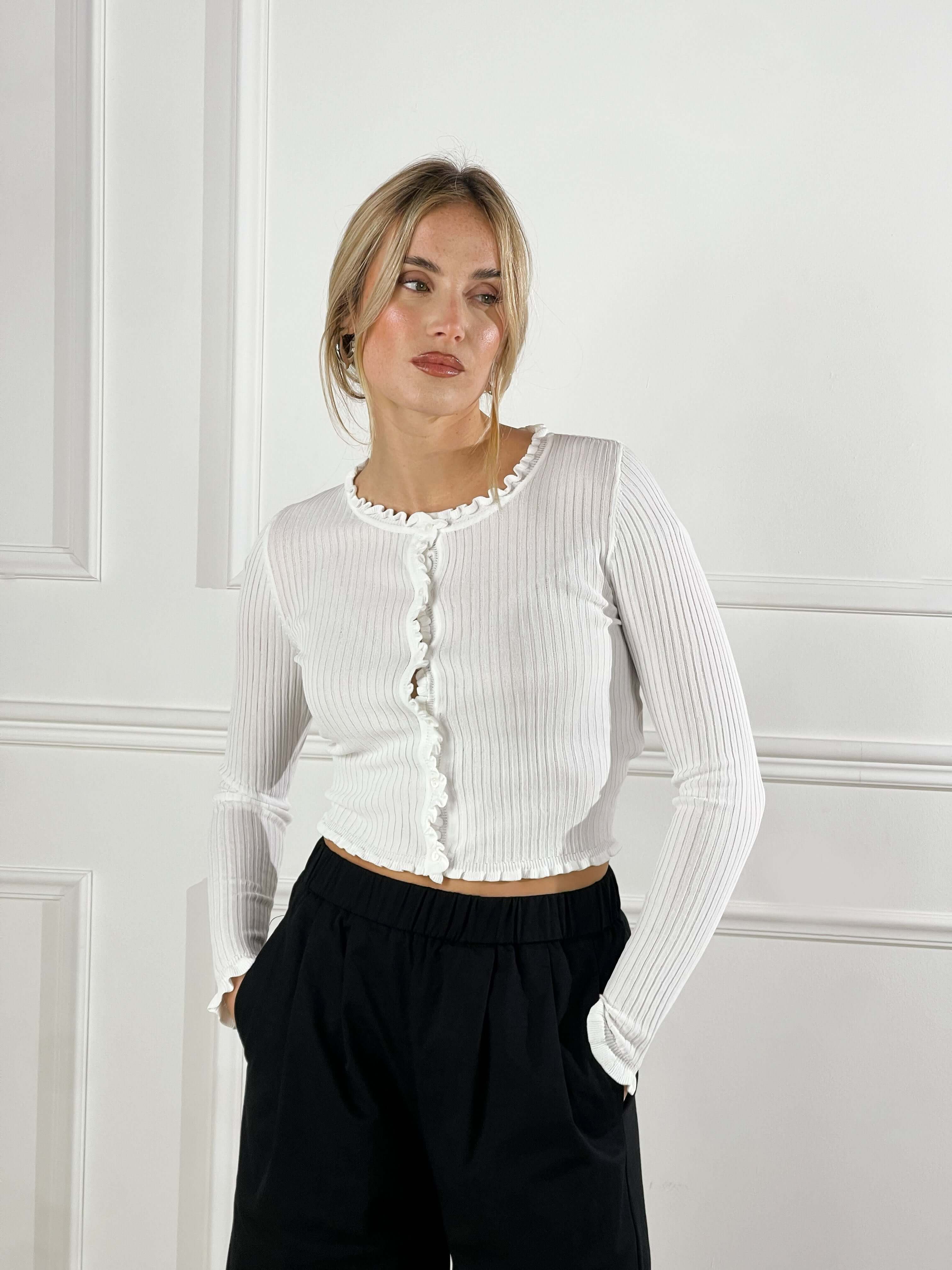 Cardigan crop con smerlo|Colore:Latte