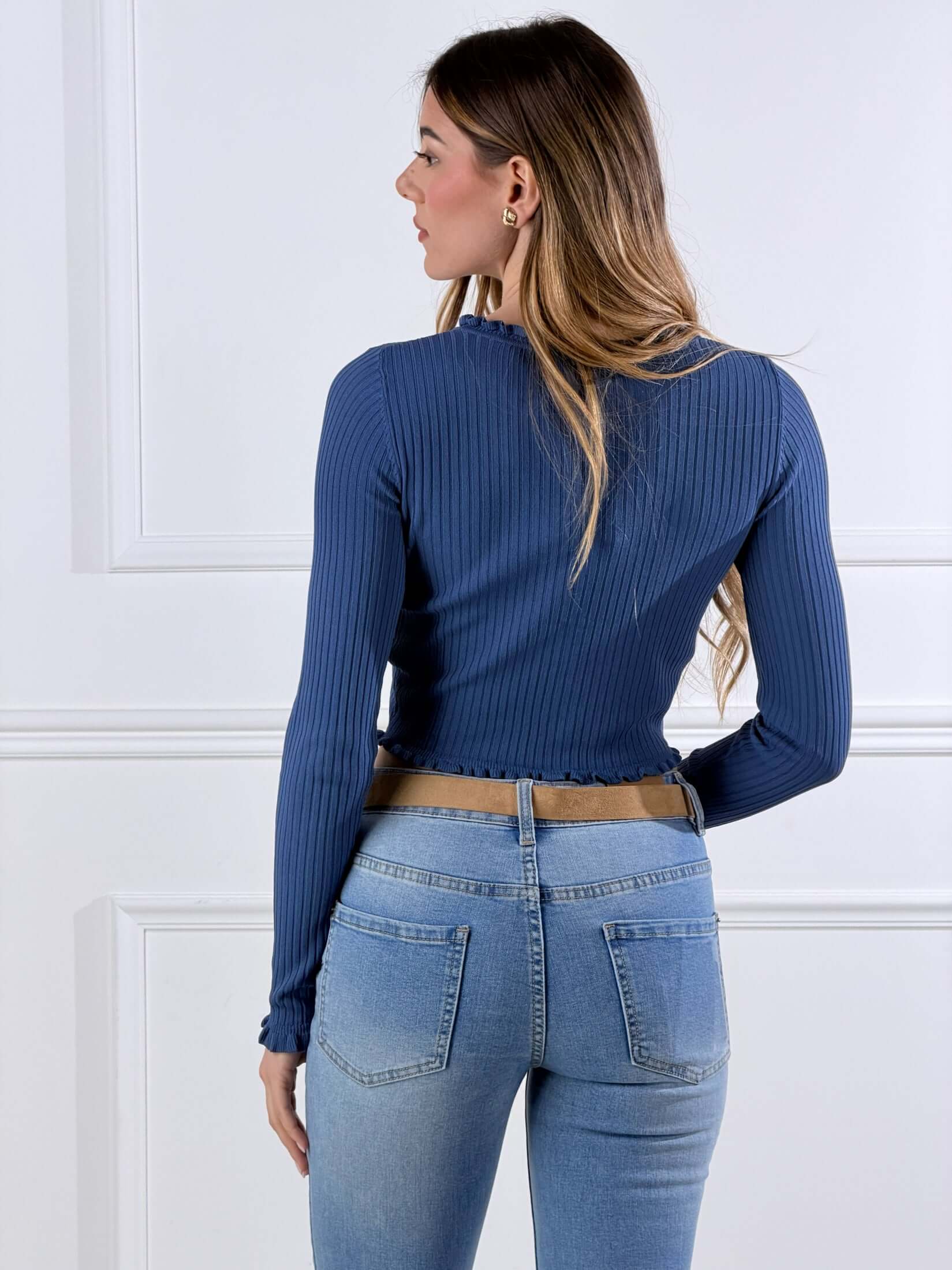 Cardigan crop con smerlo|Colore:Denim
