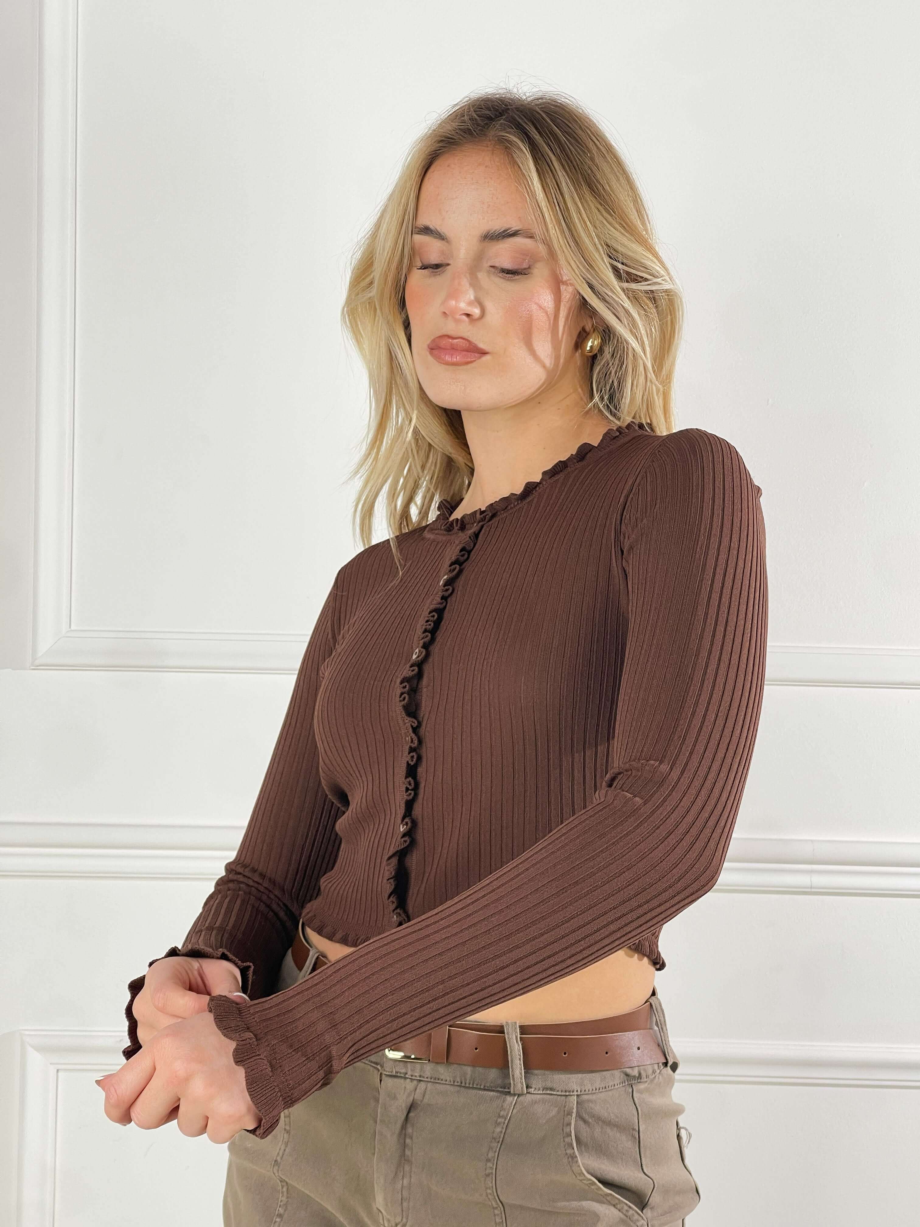 Cardigan crop con smerlo|Colore:Nocciola