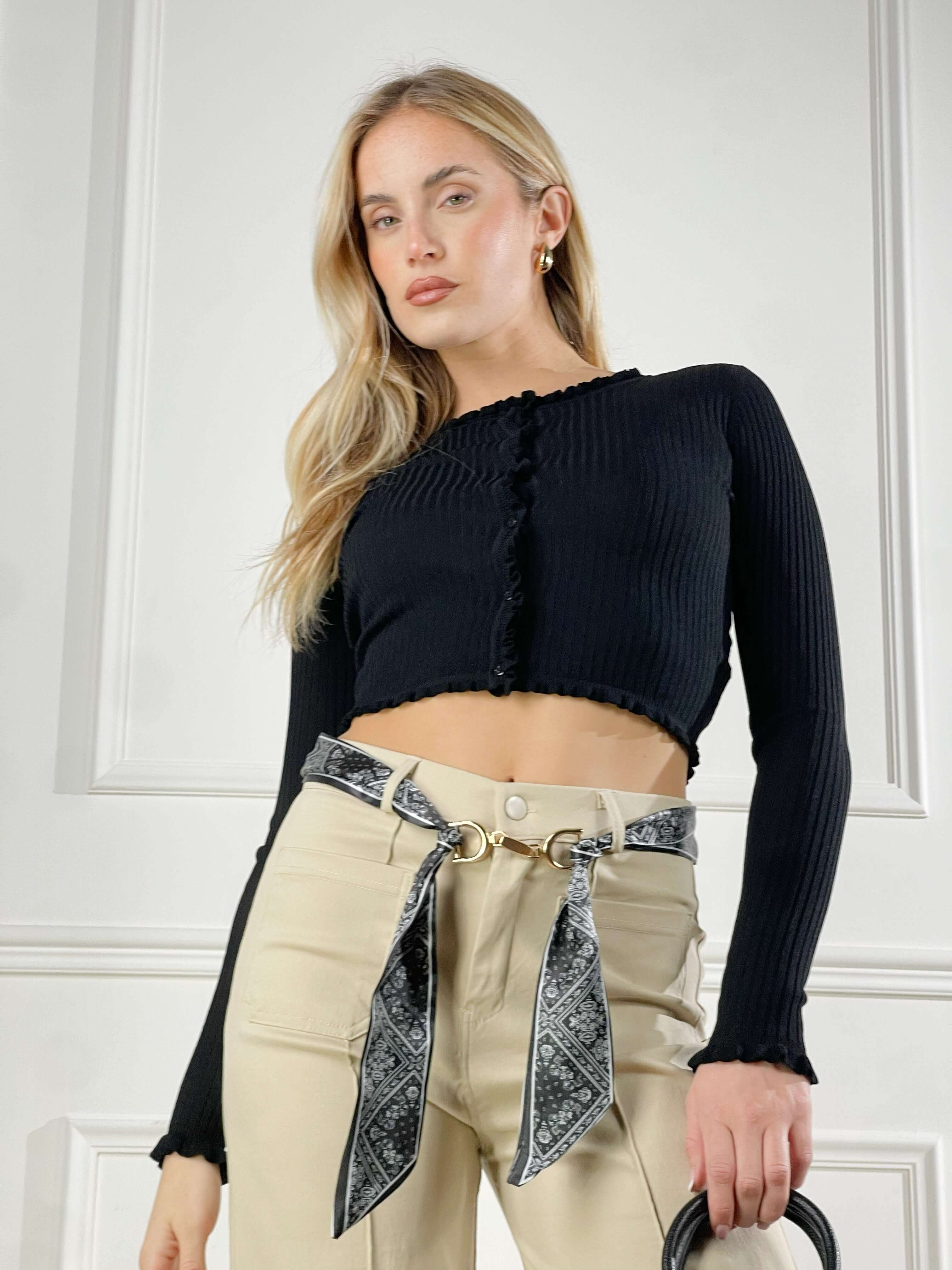 Cardigan crop con smerlo|Colore:Nero