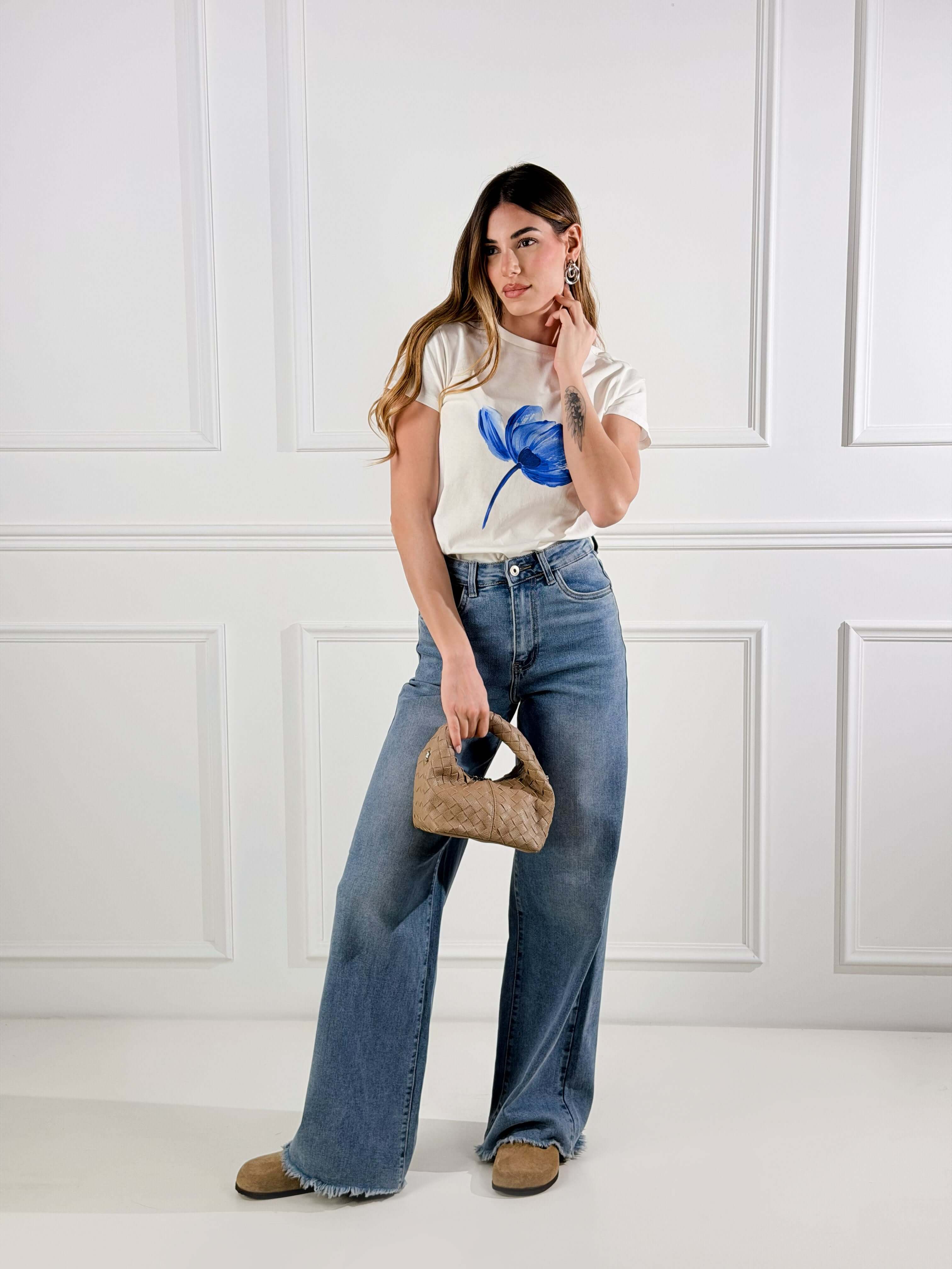 T shirt fiore blu|Colore:Bianco latte