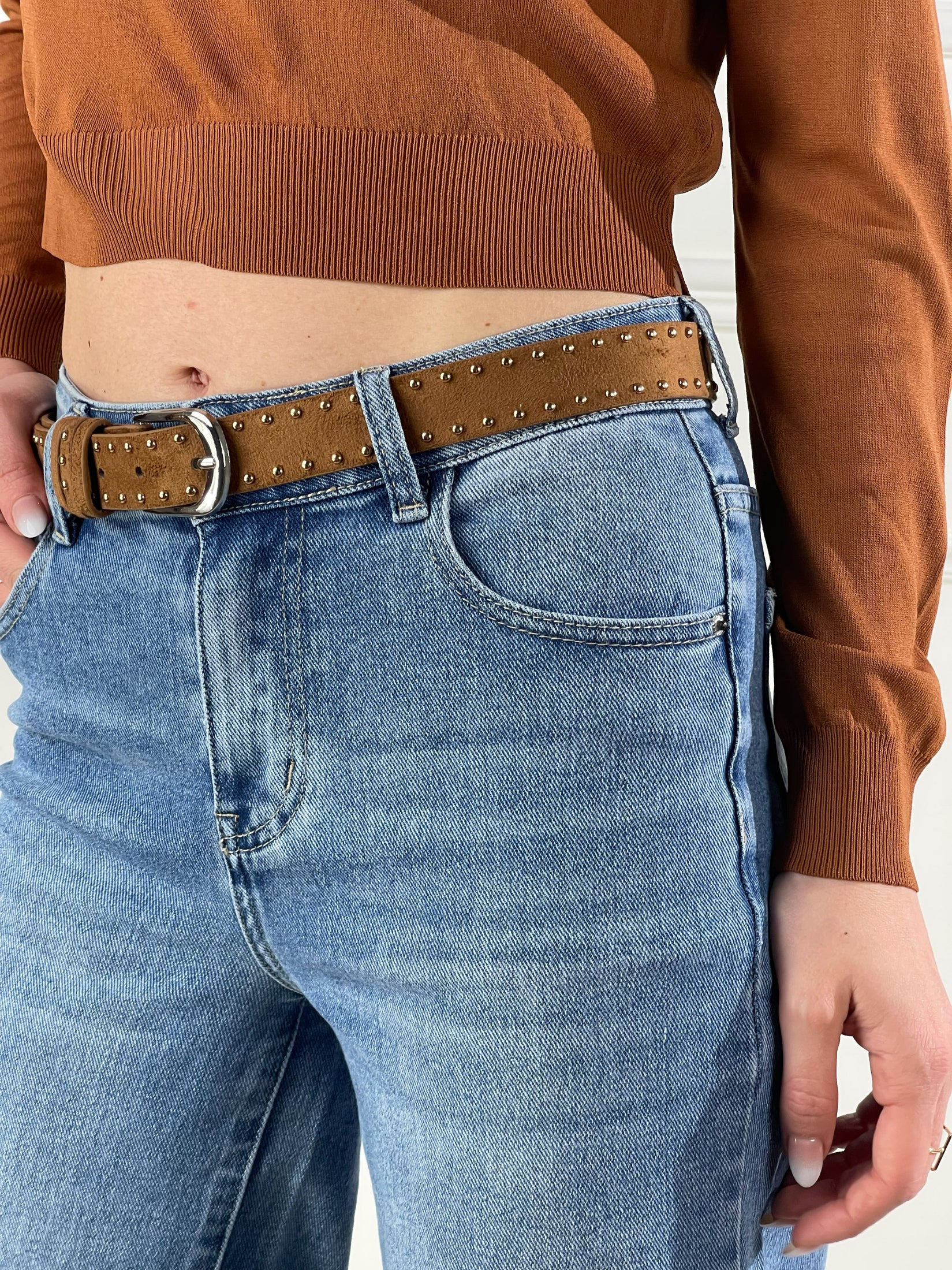 Jeans wide leg con cintura|Colore:Blu medio