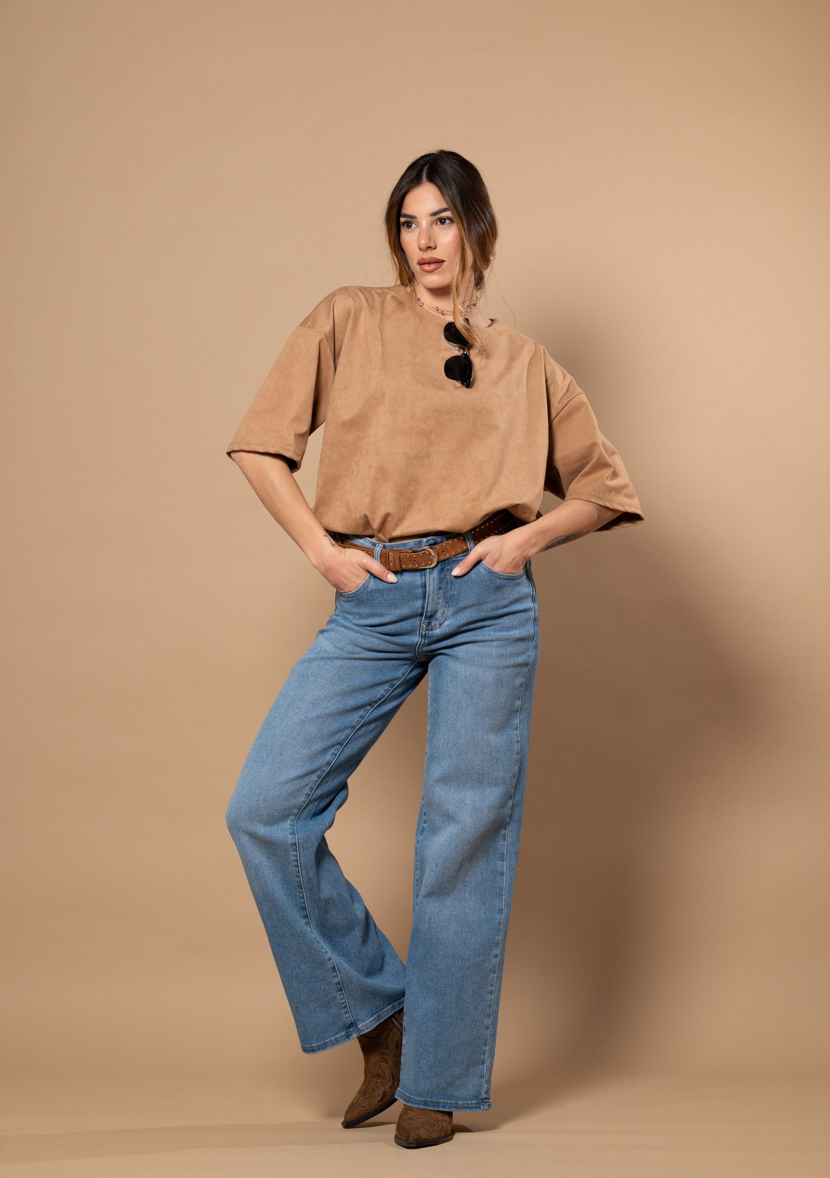 Jeans wide leg con cintura|Colore:Blu medio