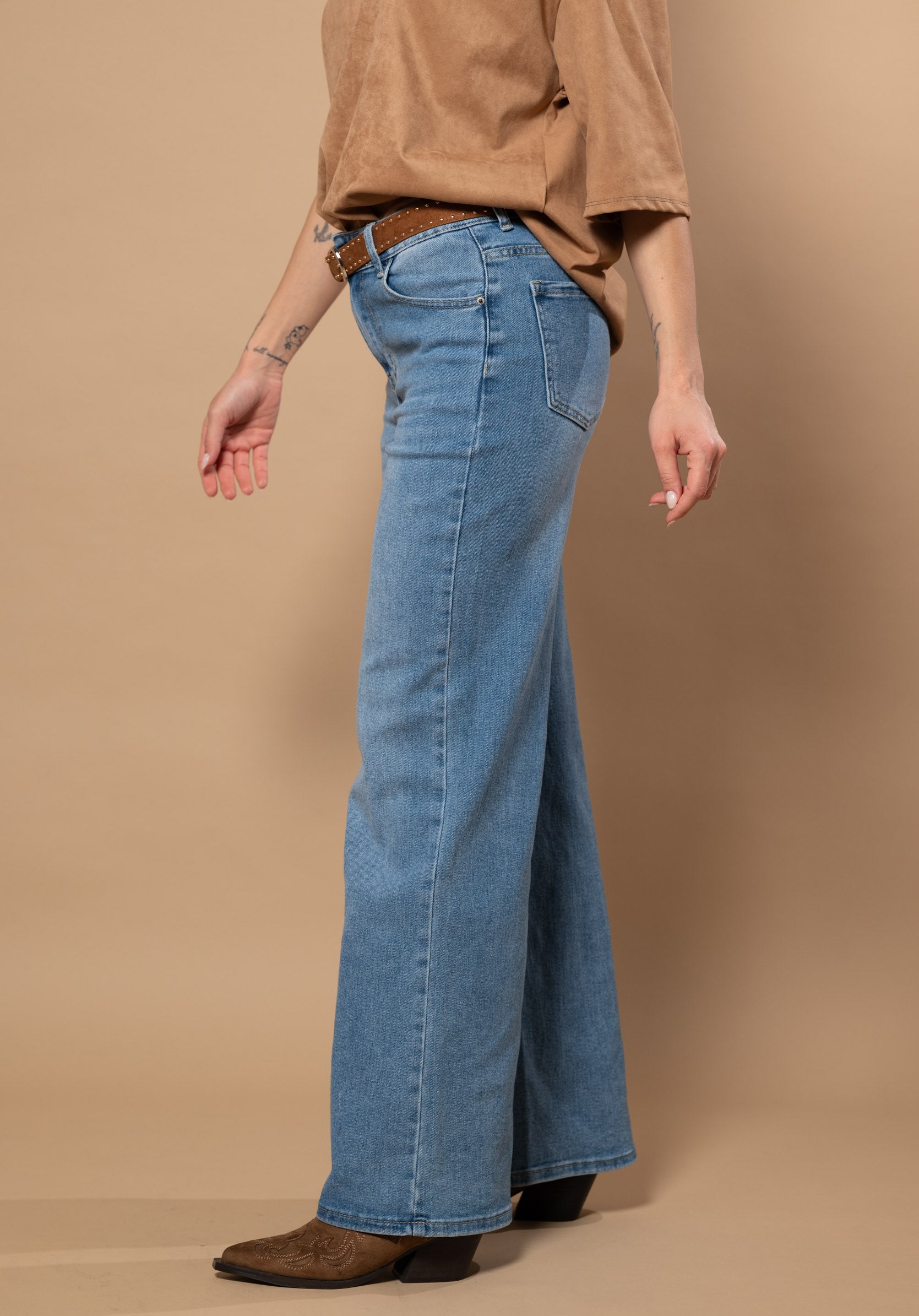 Jeans wide leg con cintura|Colore:Blu medio