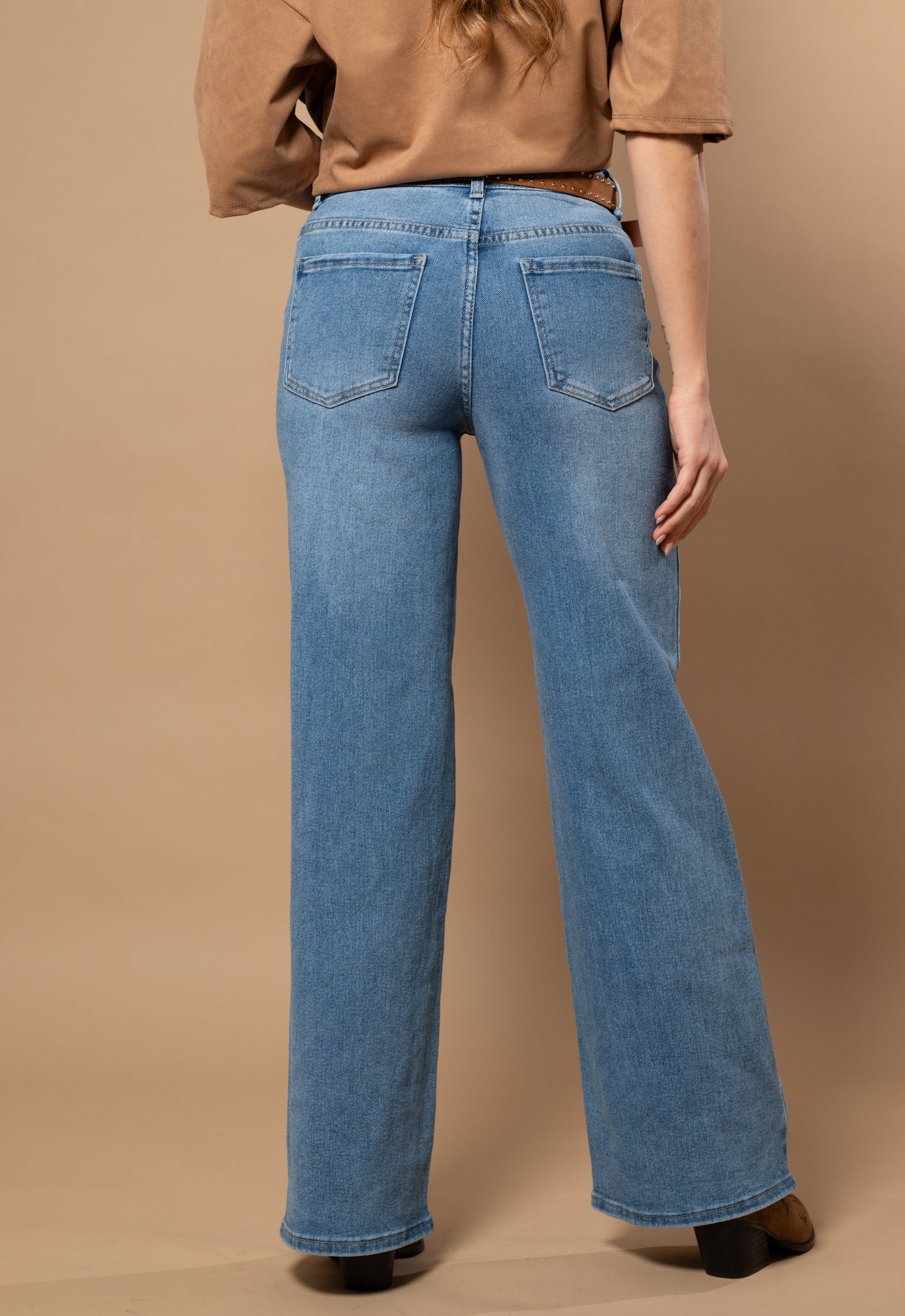 Jeans wide leg con cintura|Colore:Blu medio