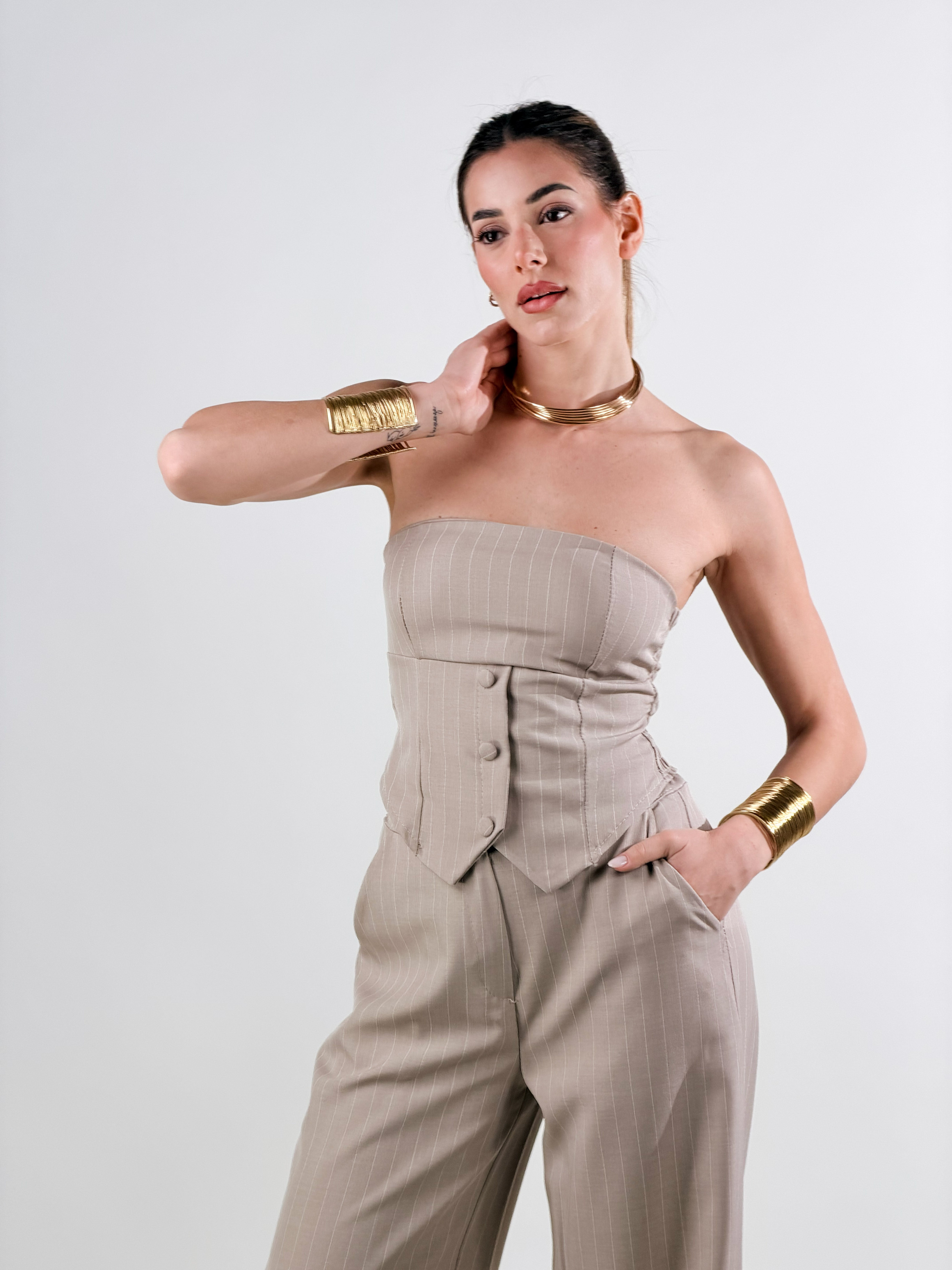 Coordinato gessato|Colore:Cammello