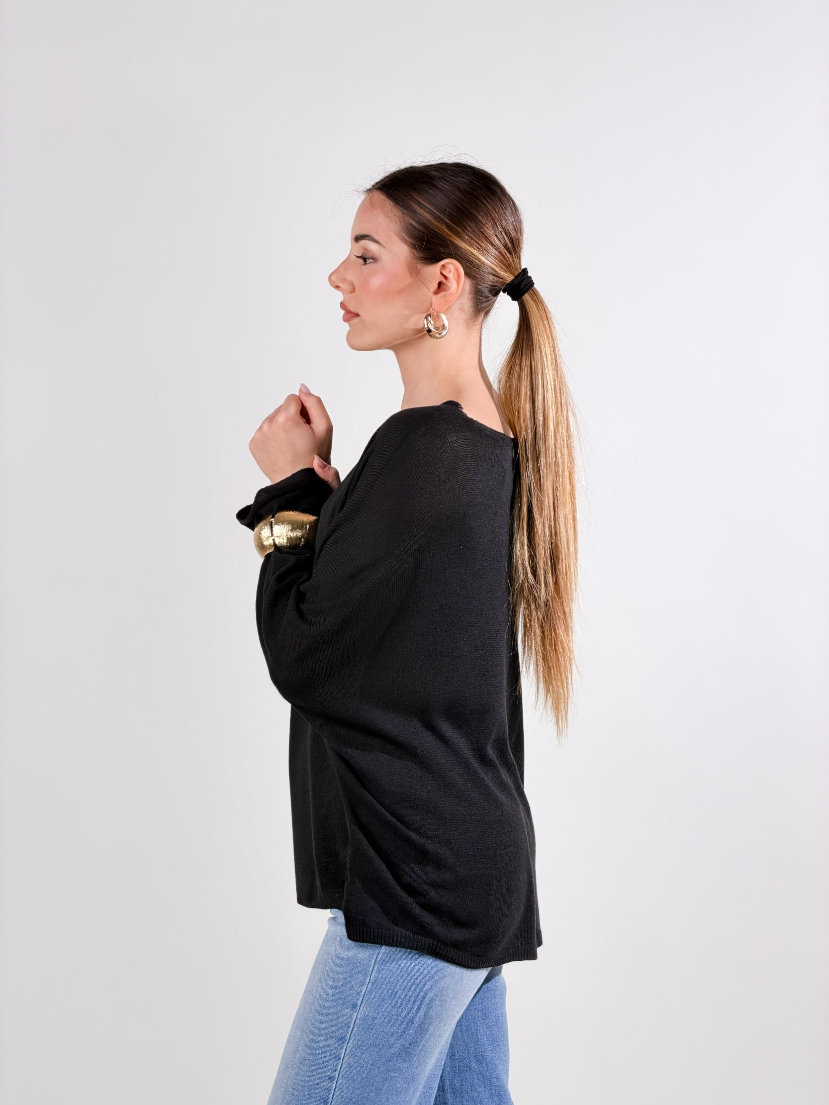 Maglia lurex scollo barca|Colore:Nero