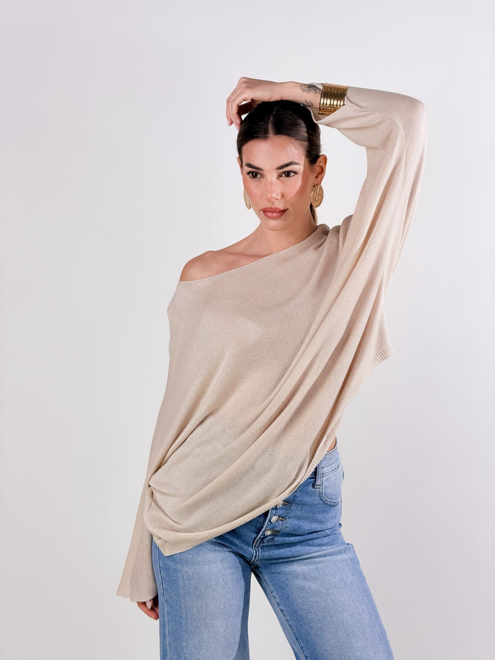 Maglia lurex scollo barca|Colore:Sabbia