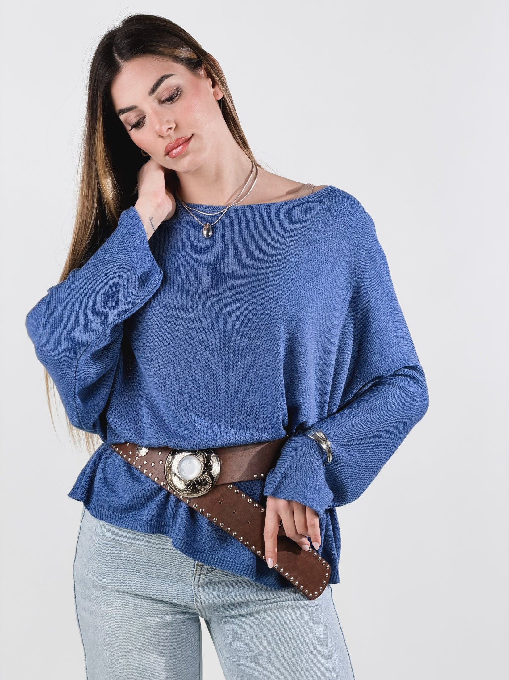 Maglia lurex scollo barca|Colore:Denim