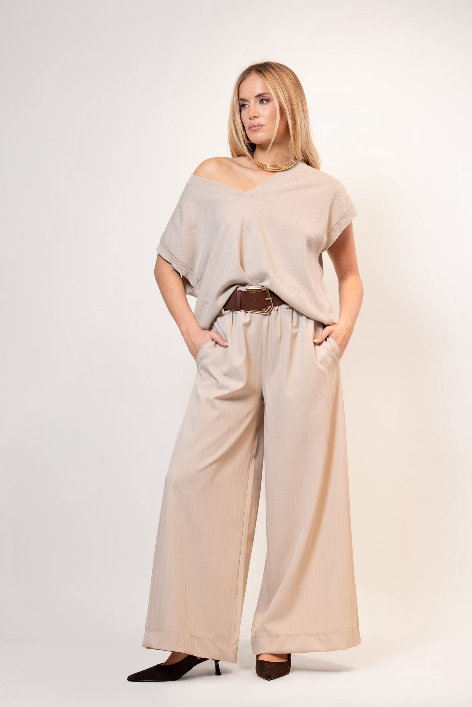 Pantalone Palazzo con cintura|Colore:Beige