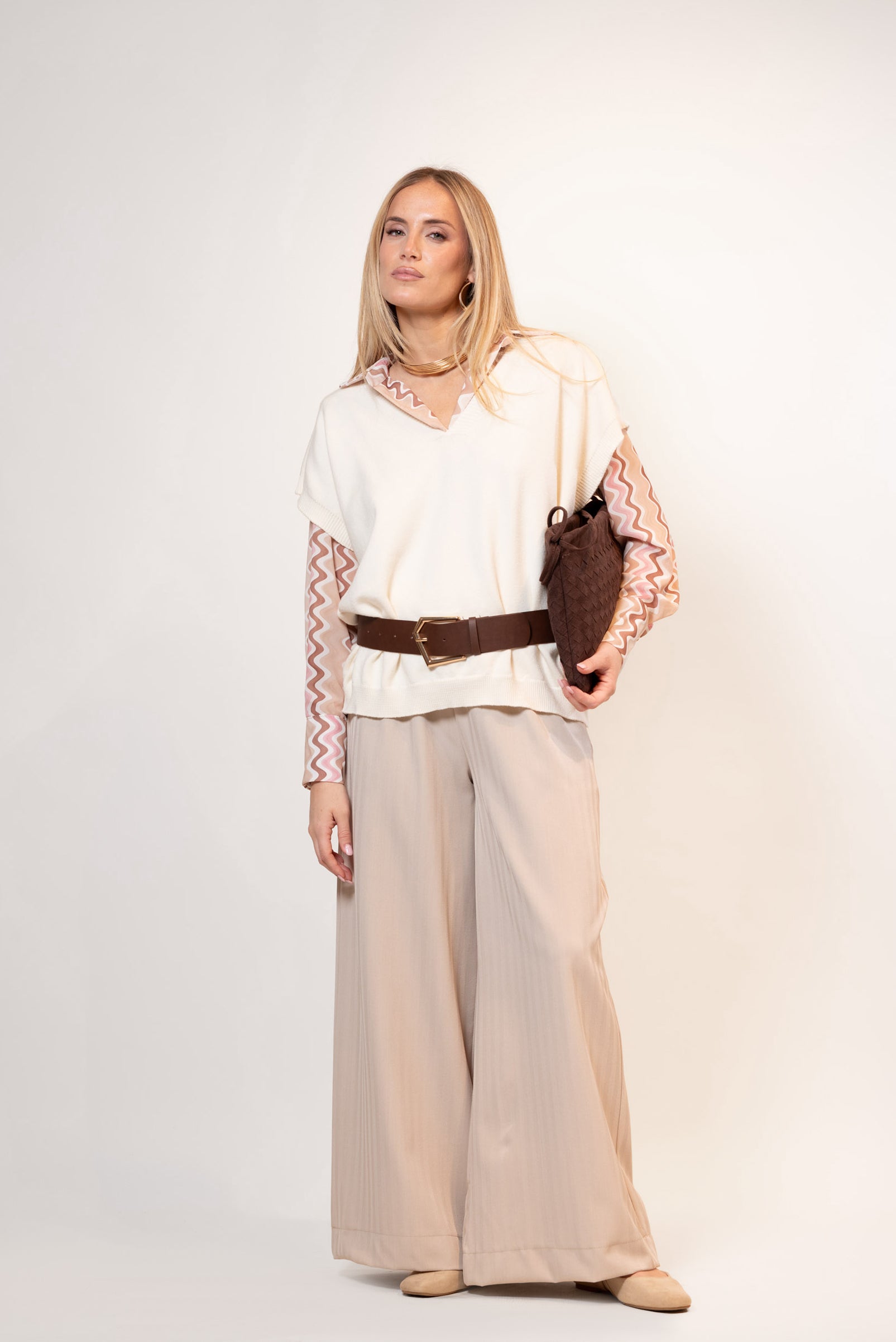 Pantalone Palazzo con cintura|Colore:Beige