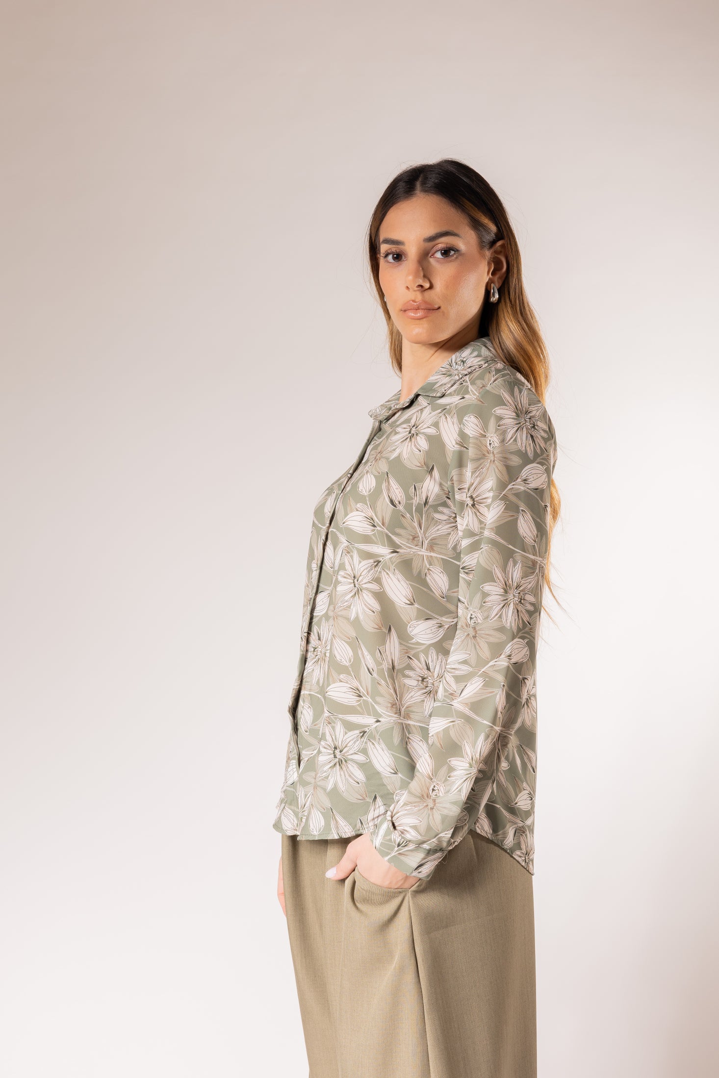 Camicia Fantasia fiore|Colore:Verde militare