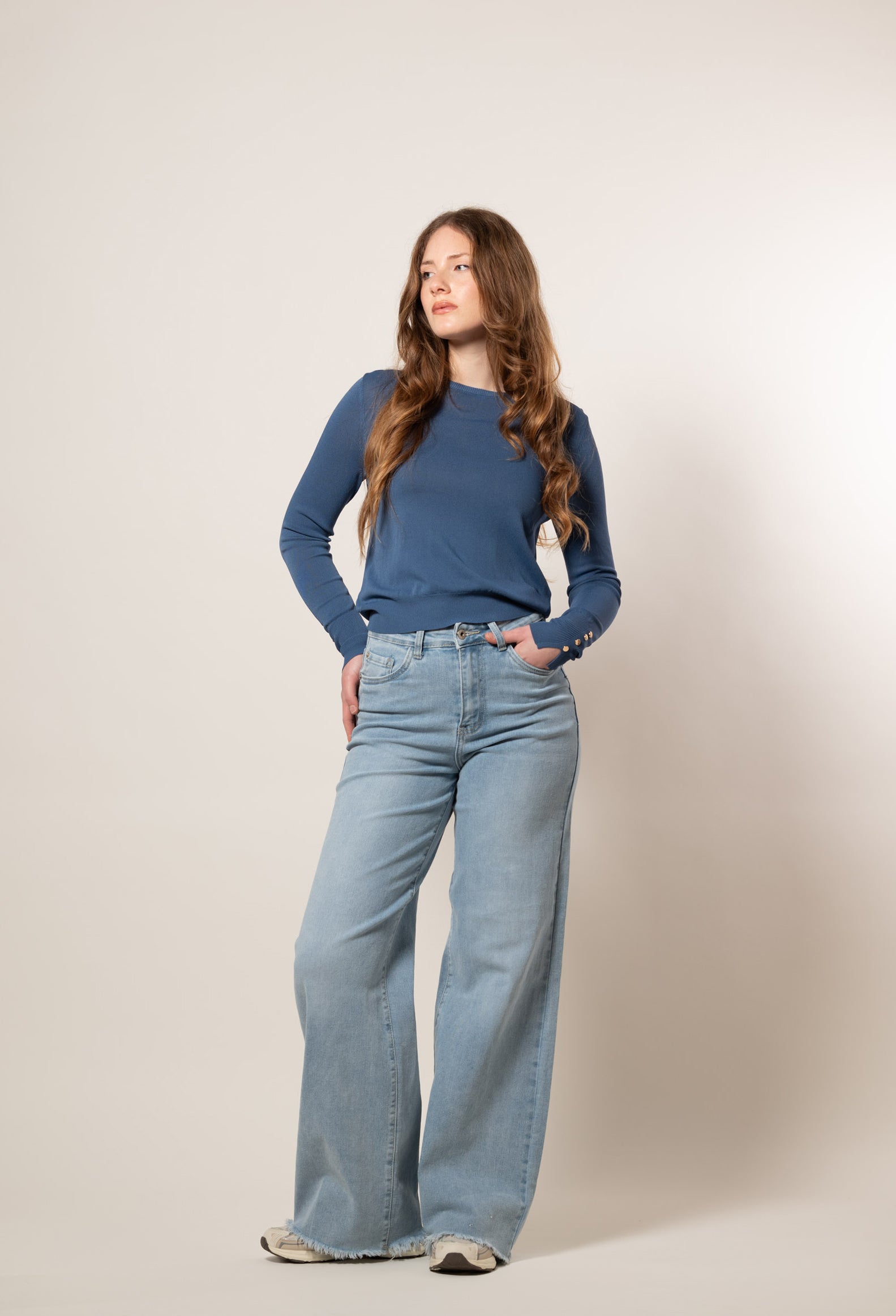 Maglia girocollo con bottoni|Colore:Denim