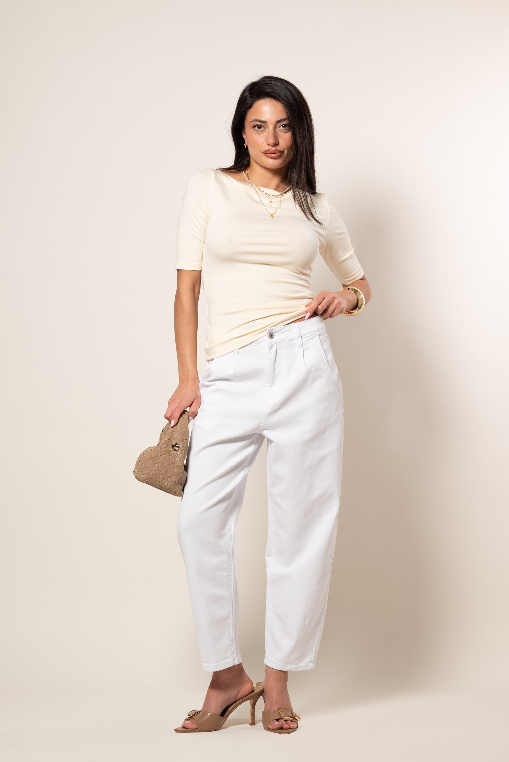 Jeans Ballon con Pinces|Colore:Bianco