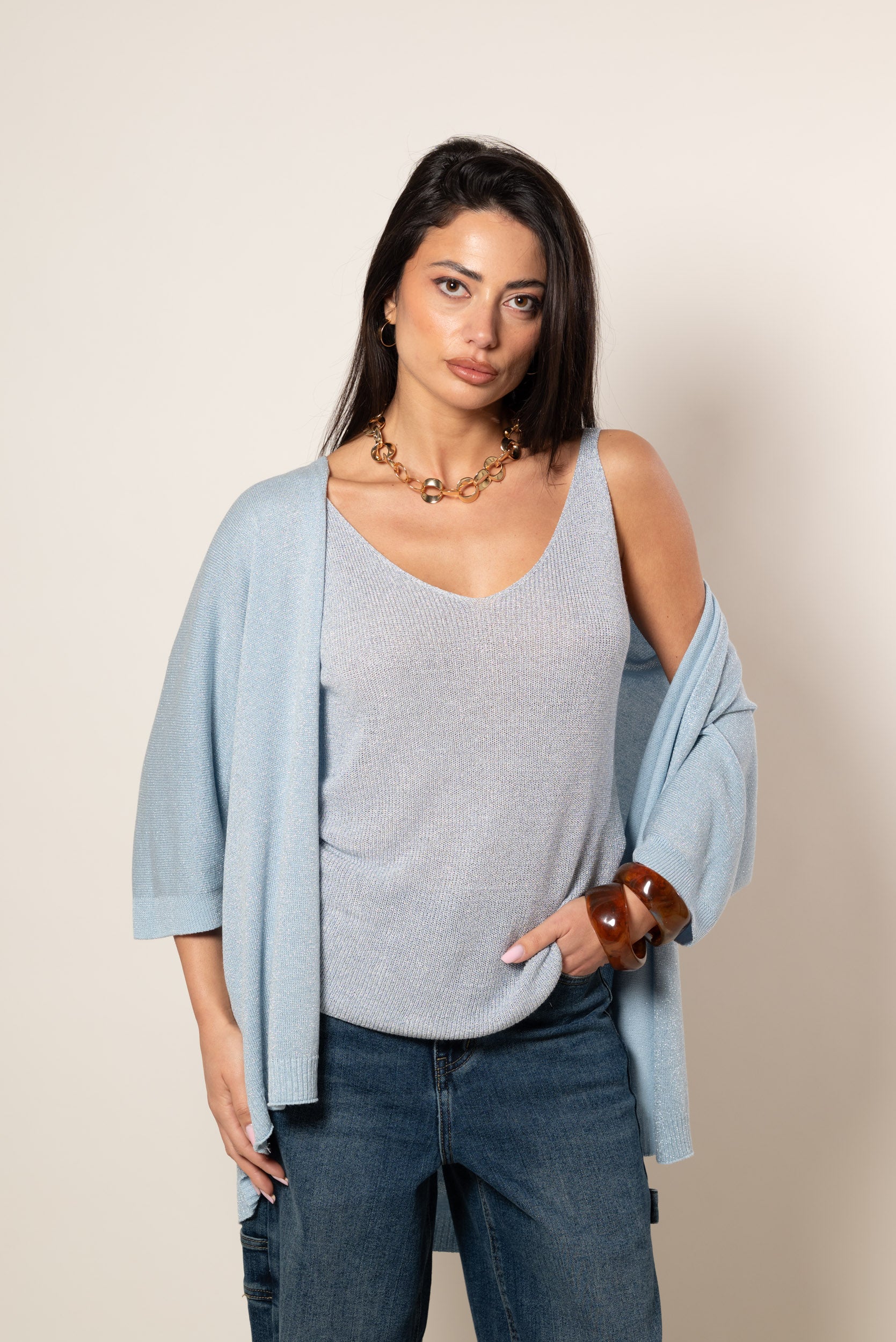 Canotta a V lurex|Colore:Celeste