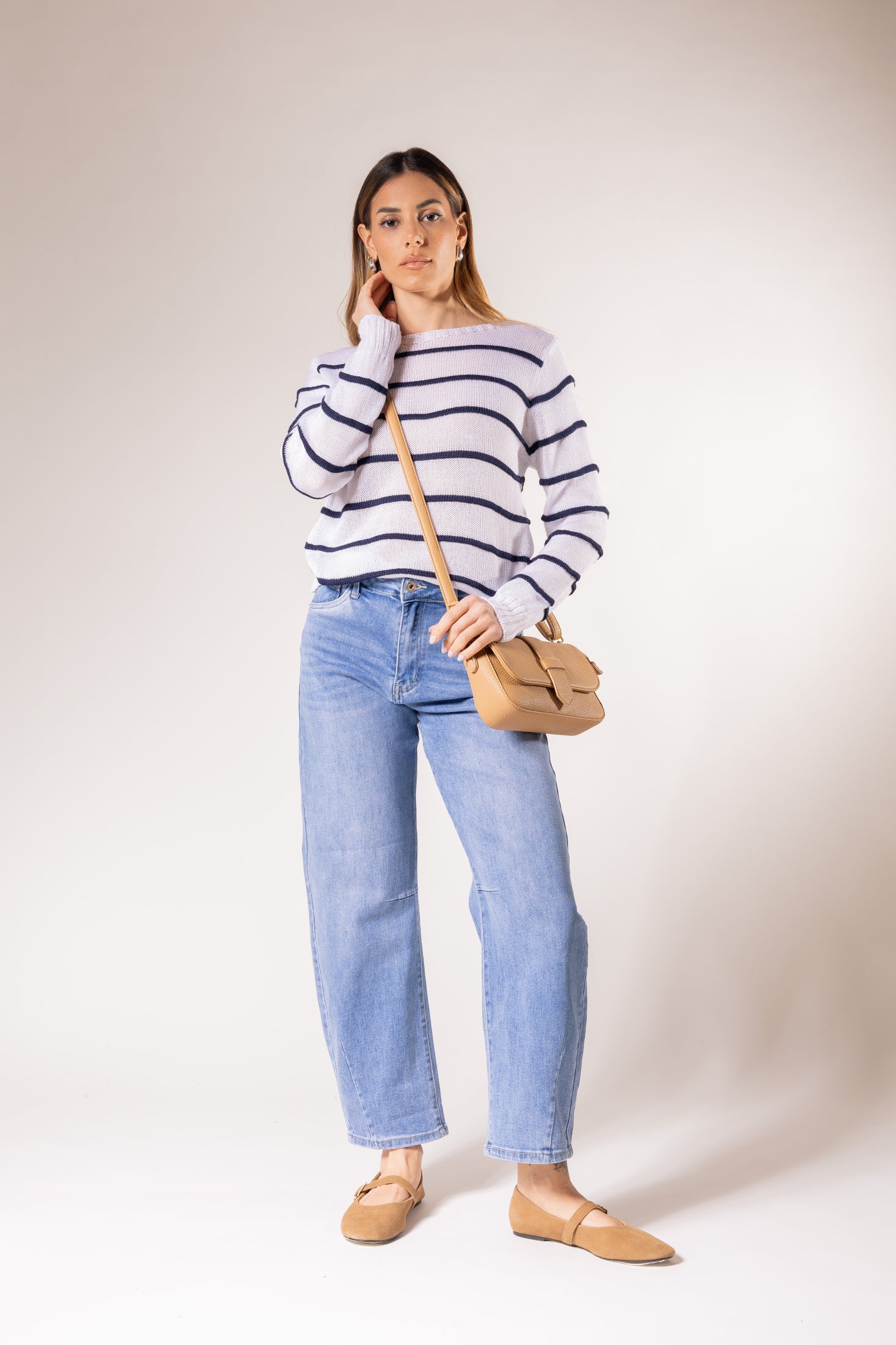 Maglione leggero a righe orizzontali|Colore:Bianco/blu