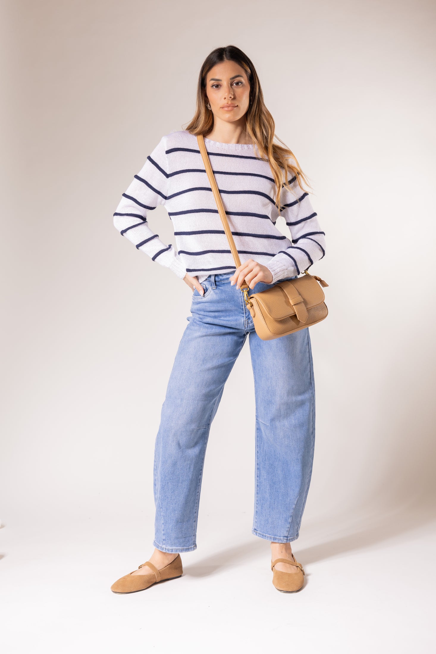 Maglione leggero a righe orizzontali|Colore:Bianco/blu