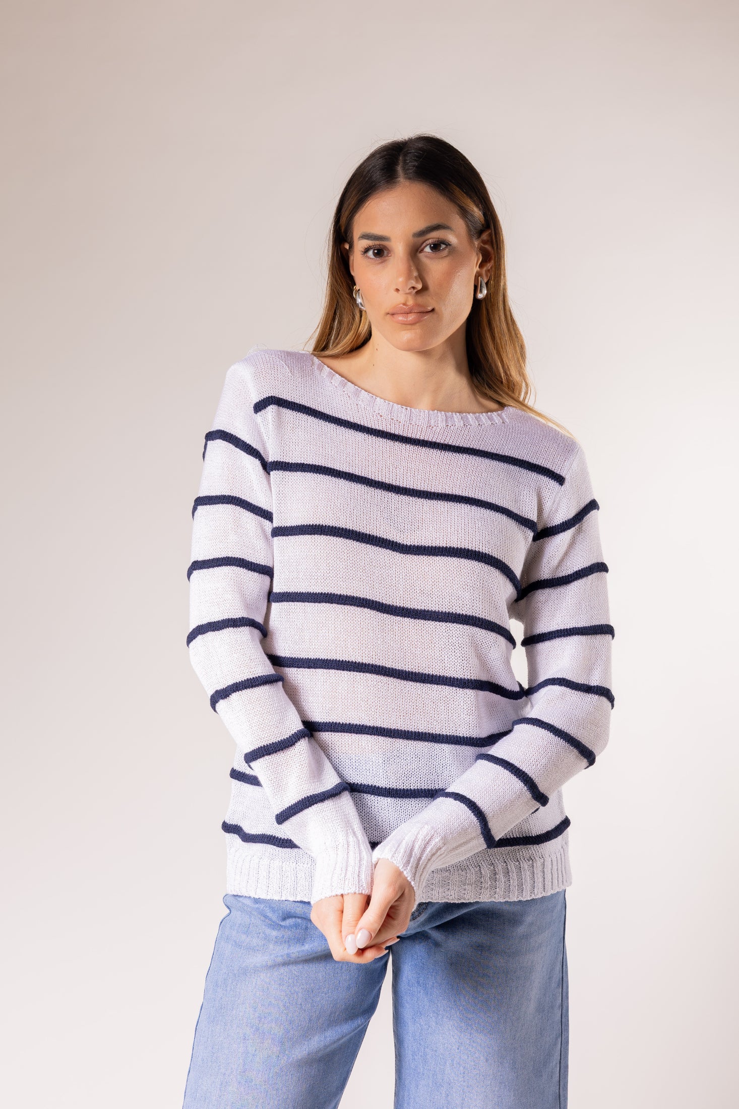 Maglione leggero a righe orizzontali|Colore:Bianco/blu