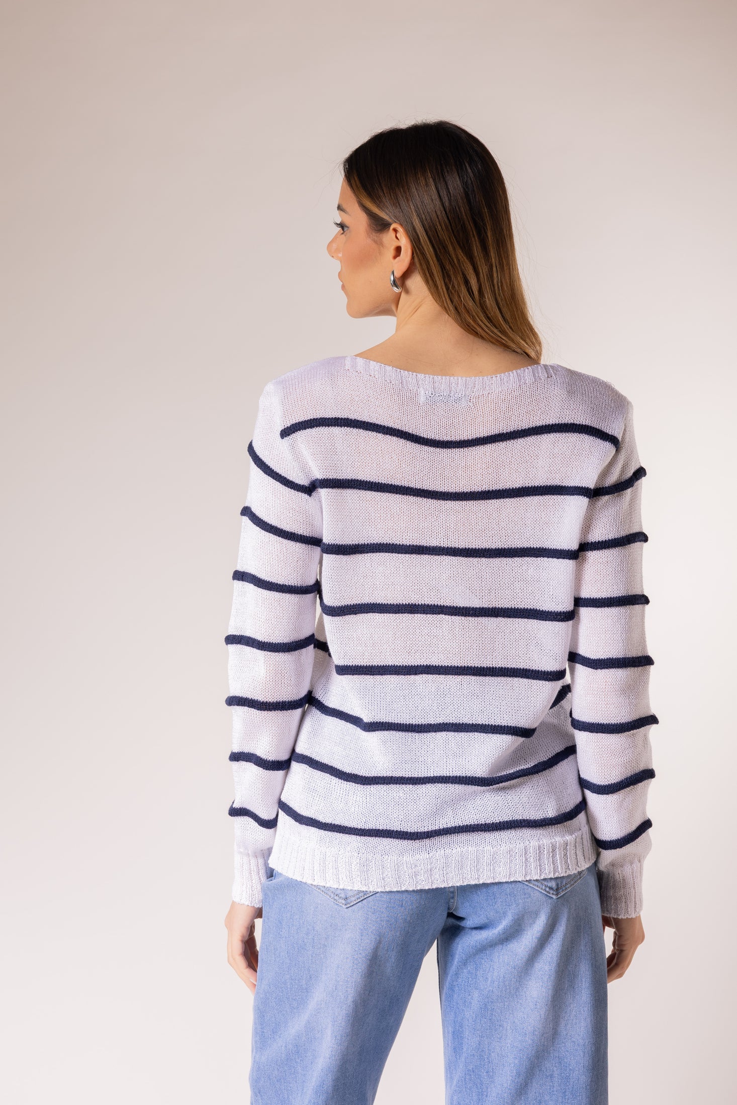 Maglione leggero a righe orizzontali|Colore:Bianco/blu