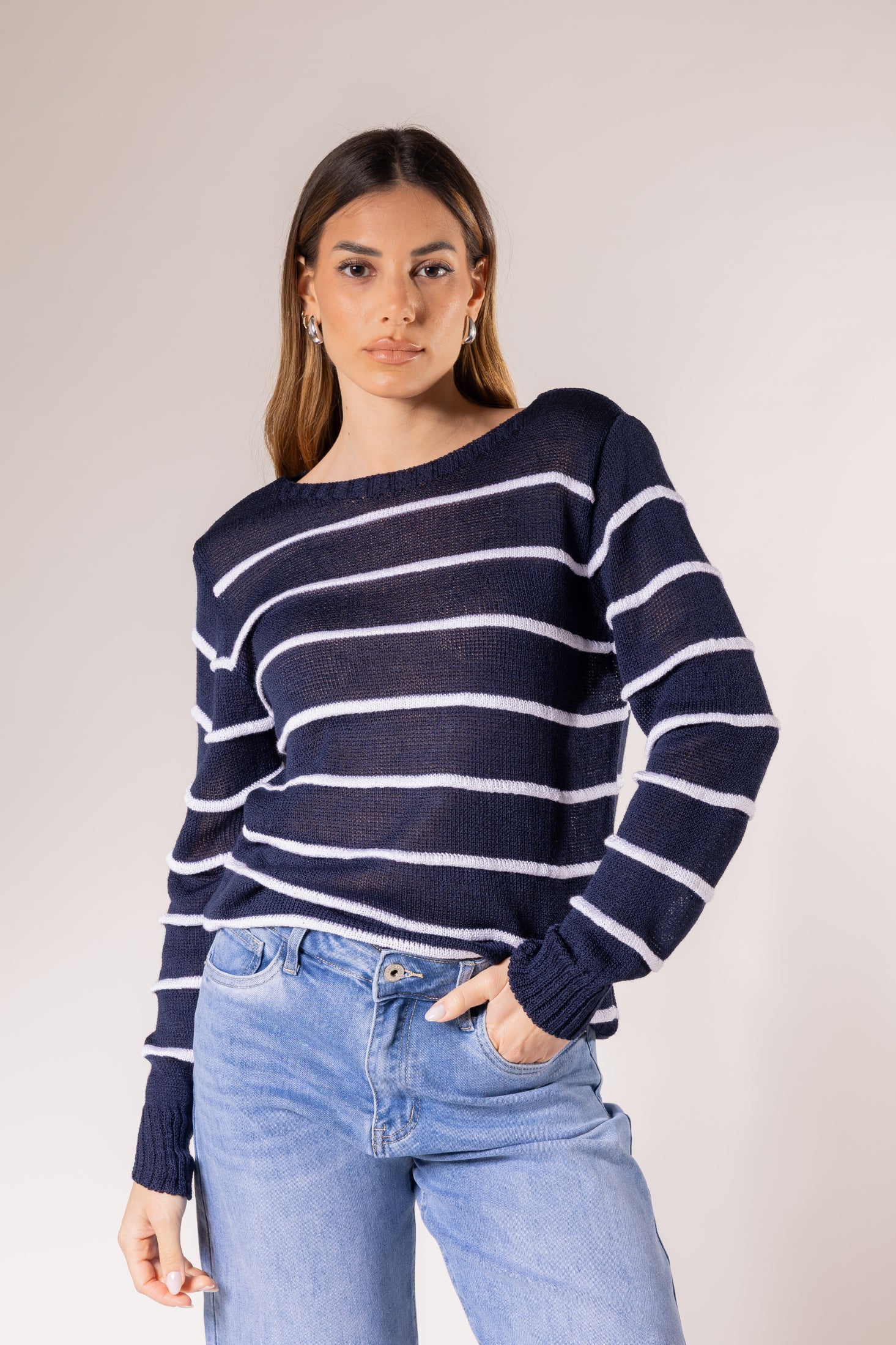 Maglione leggero a righe orizzontali|Colore:Blu/bianco