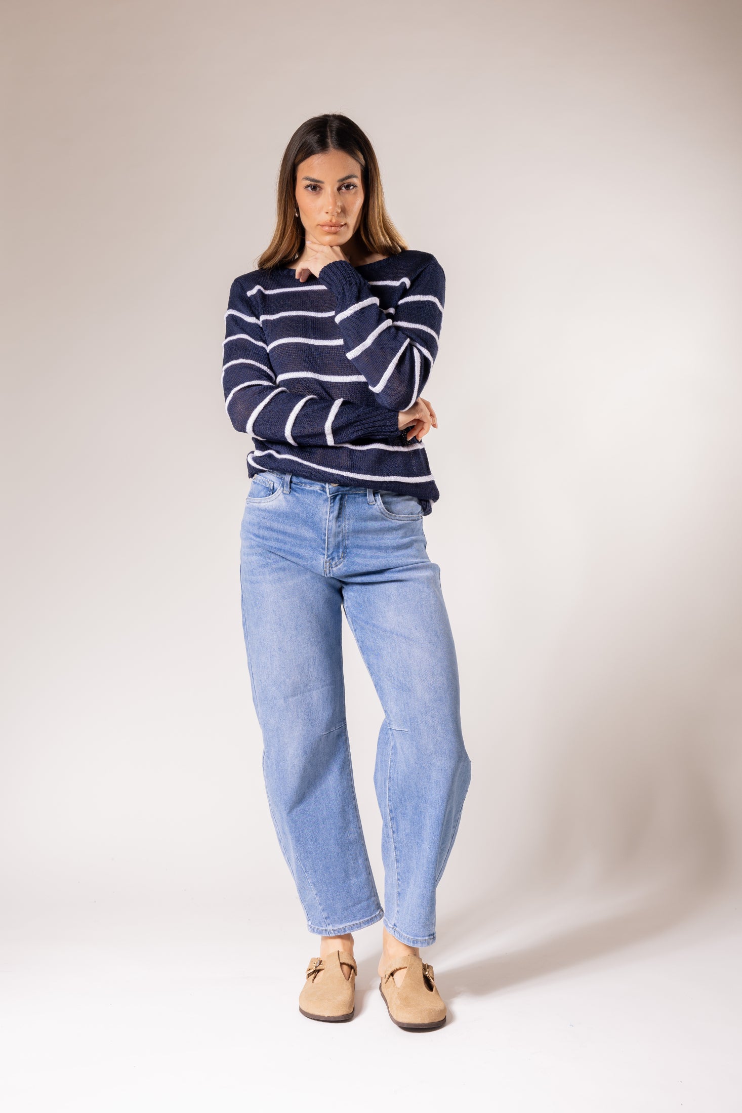 Maglione leggero a righe orizzontali|Colore:Blu/bianco