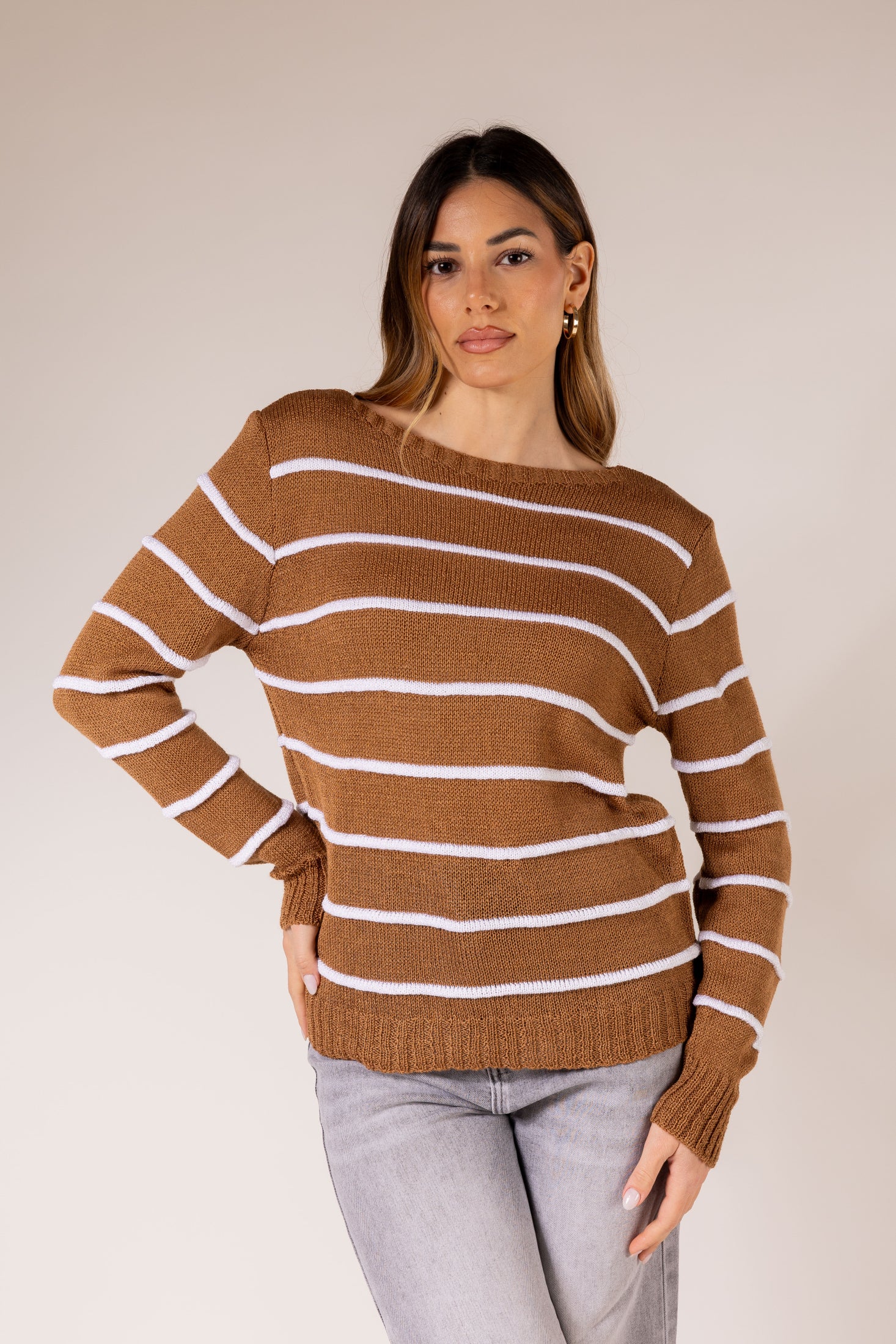 Maglione leggero a righe orizzontali|Colore:Ruggine/bianco
