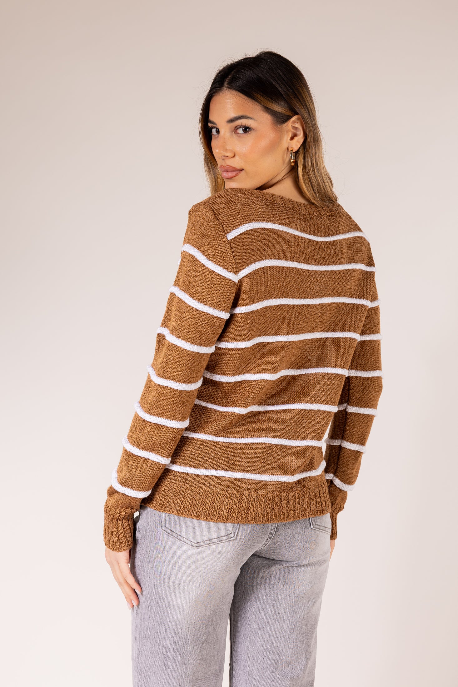 Maglione leggero a righe orizzontali|Colore:Ruggine/bianco