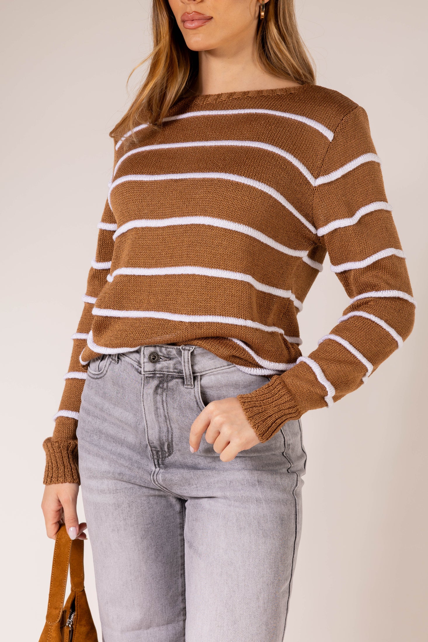 Maglione leggero a righe orizzontali|Colore:Ruggine/bianco