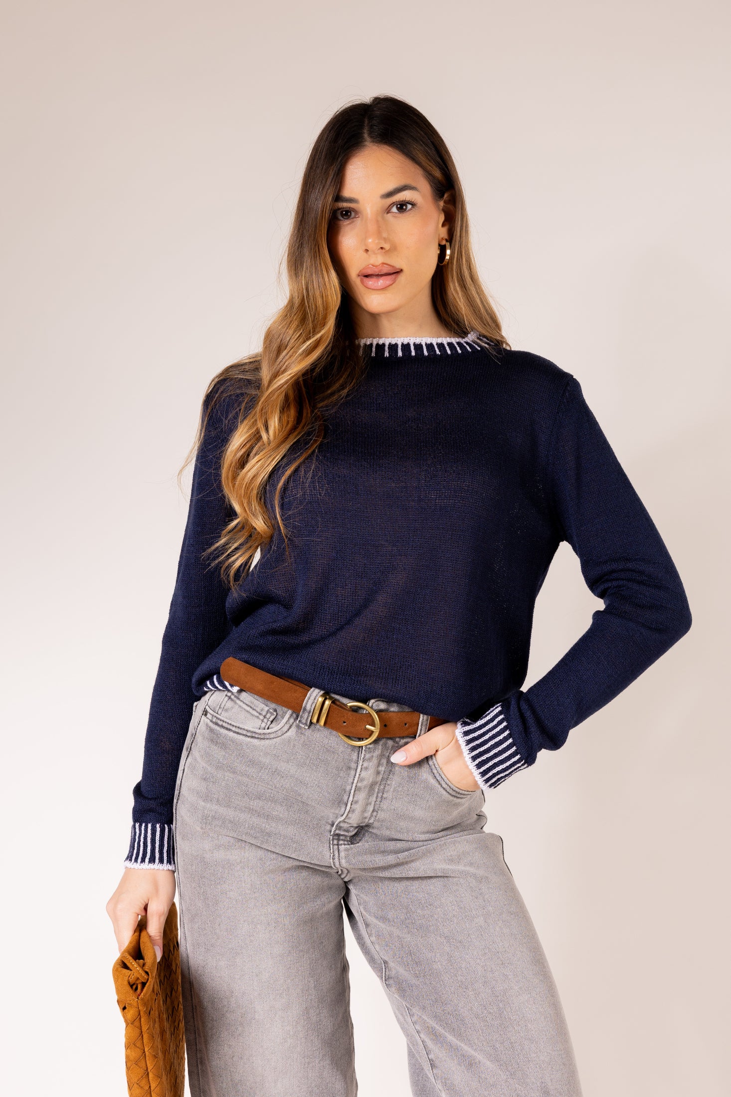 Pullover con lavorazione a maglia rasa|Colore:Blu/bianco