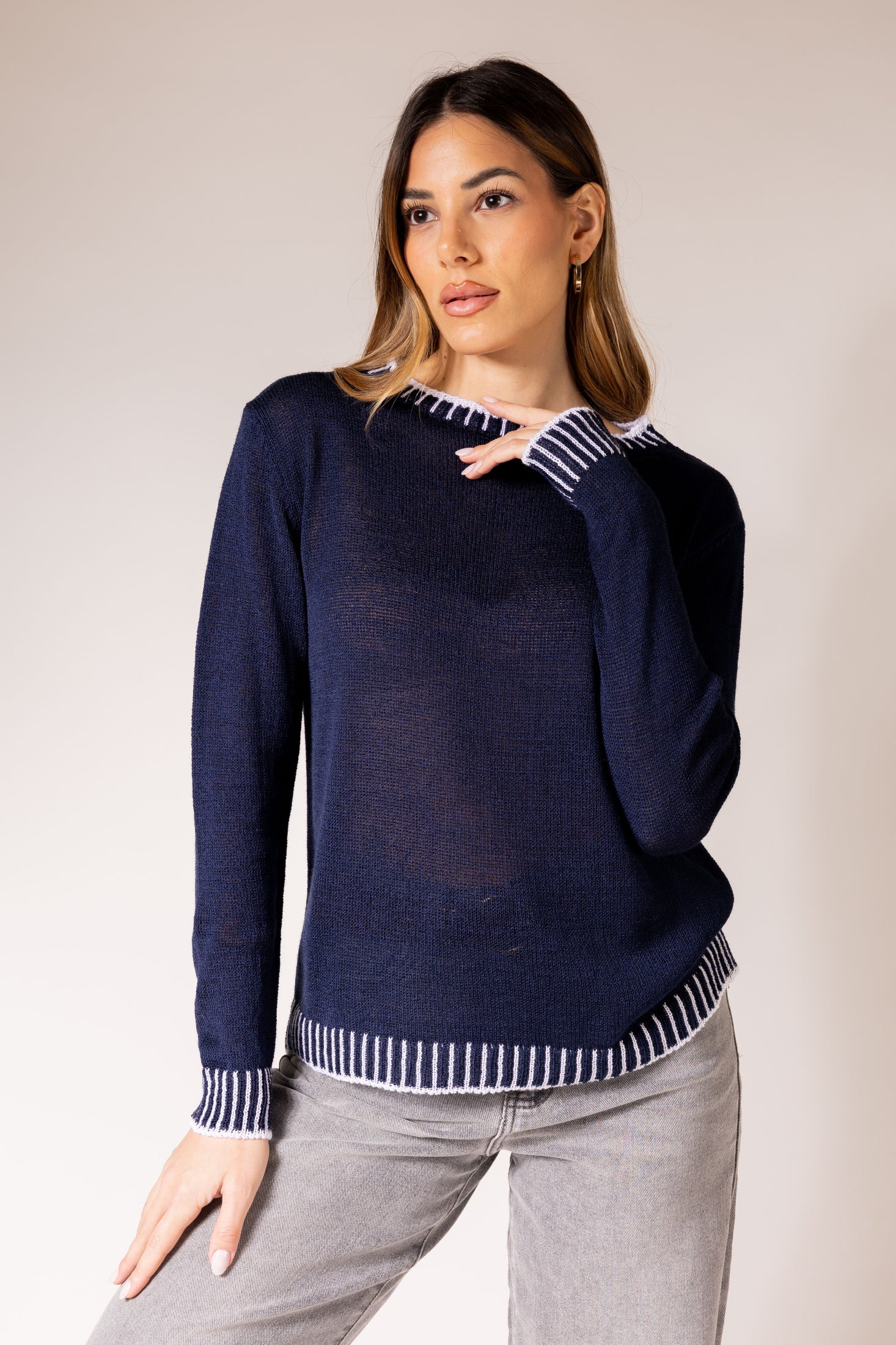 Pullover con lavorazione a maglia rasa|Colore:Blu/bianco
