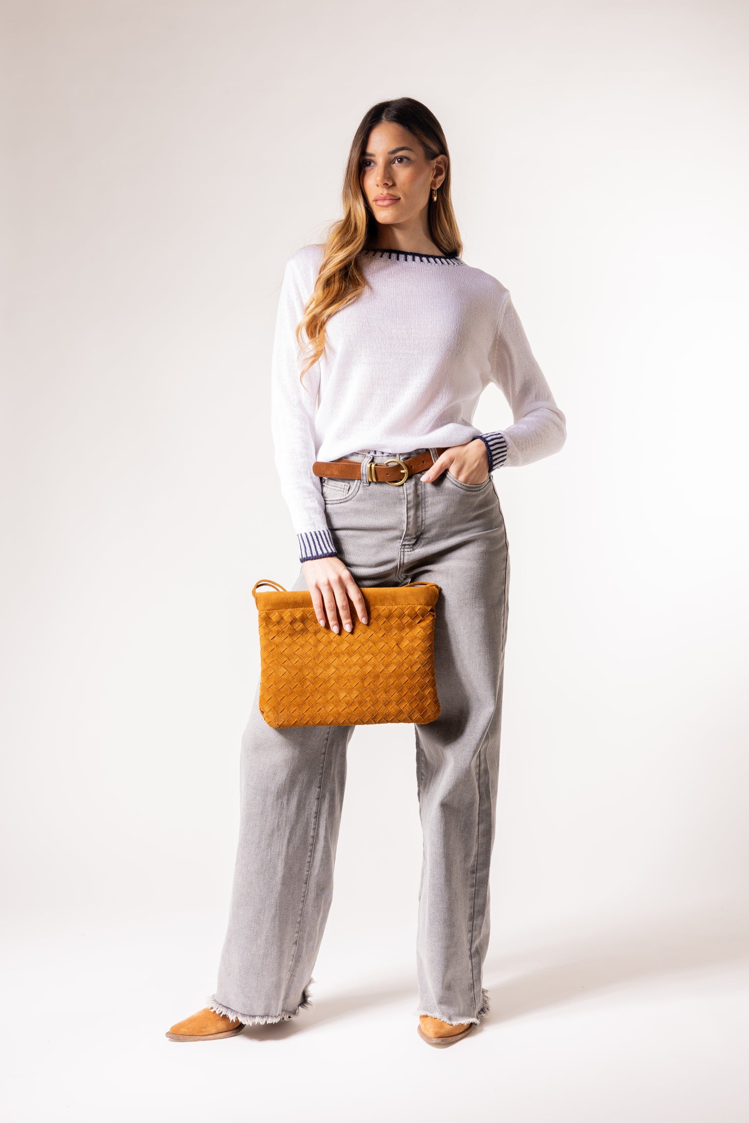 Pullover con lavorazione a maglia rasa|Colore:Bianco/blu