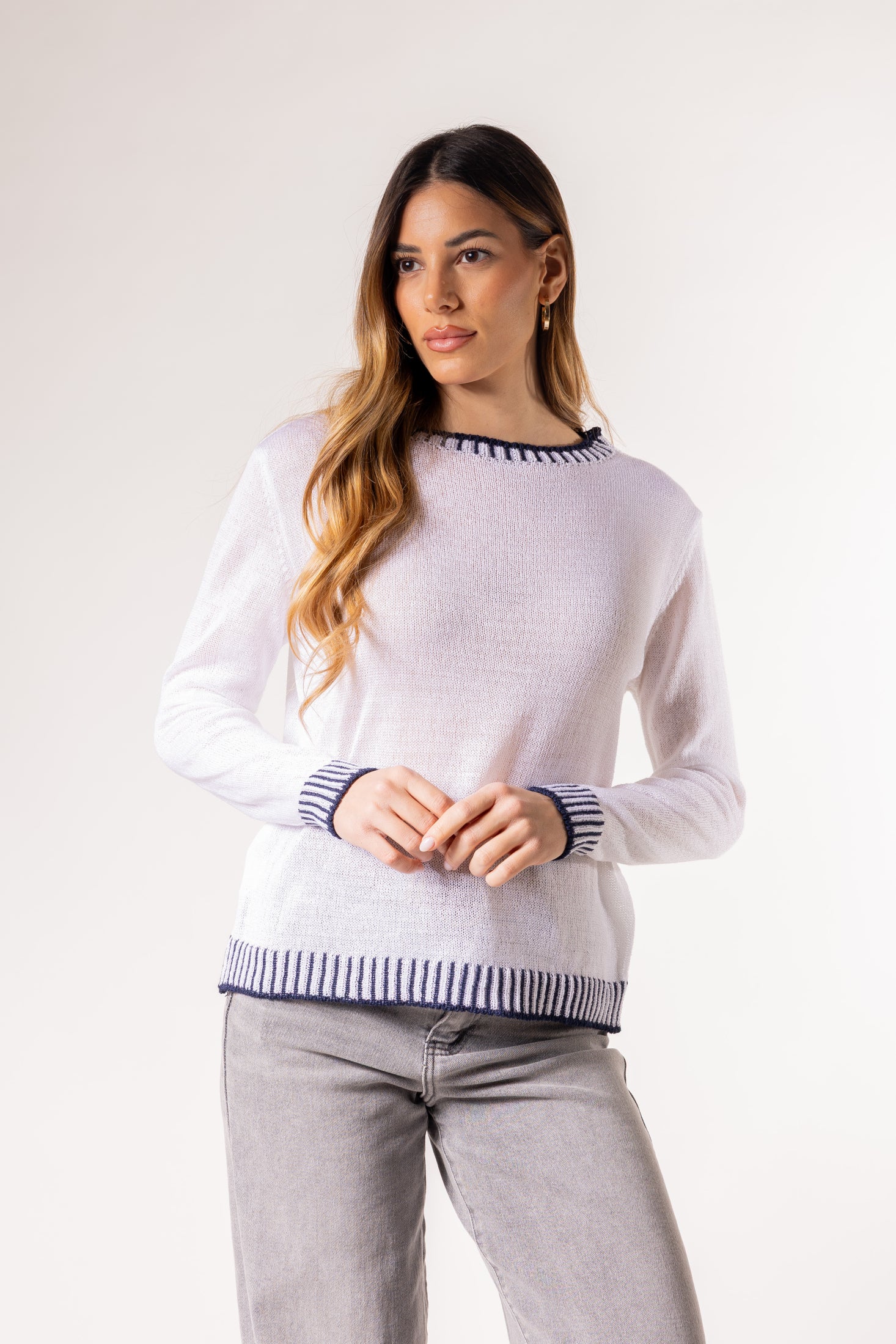 Pullover con lavorazione a maglia rasa|Colore:Bianco/blu