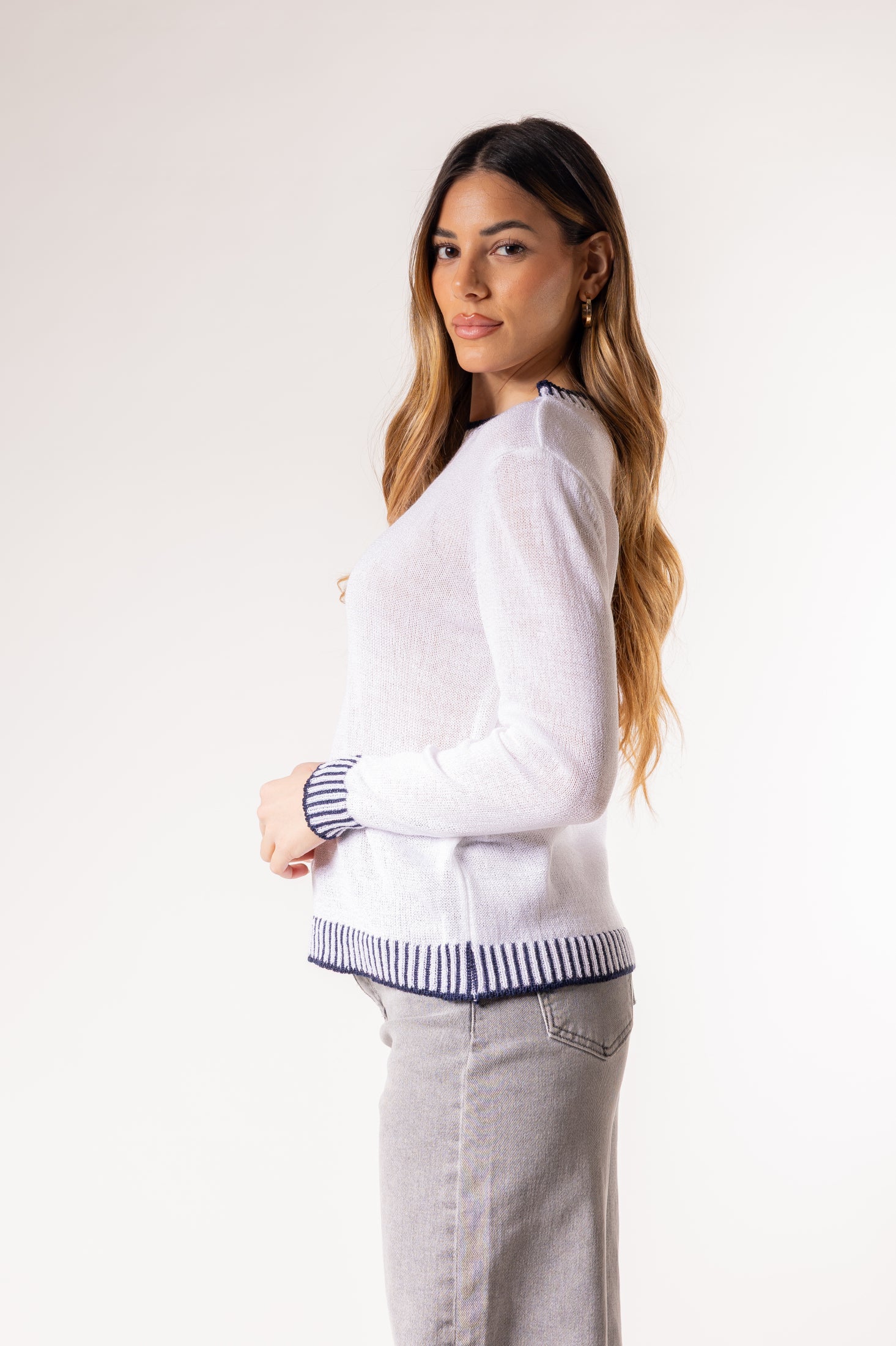 Pullover con lavorazione a maglia rasa|Colore:Bianco/blu