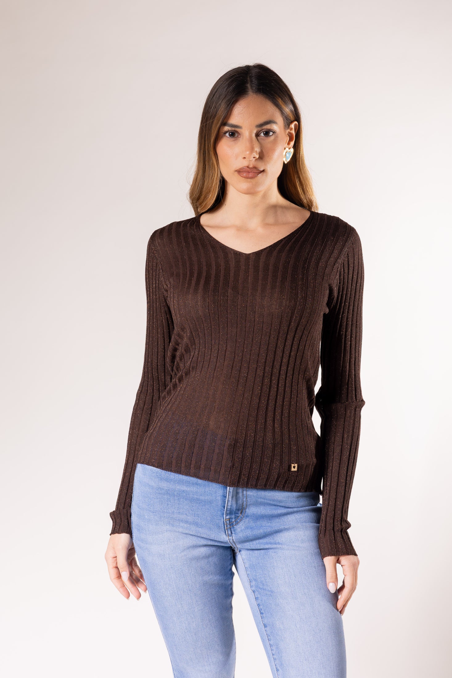 Maglione a coste con scollo a V|Colore:Caffe