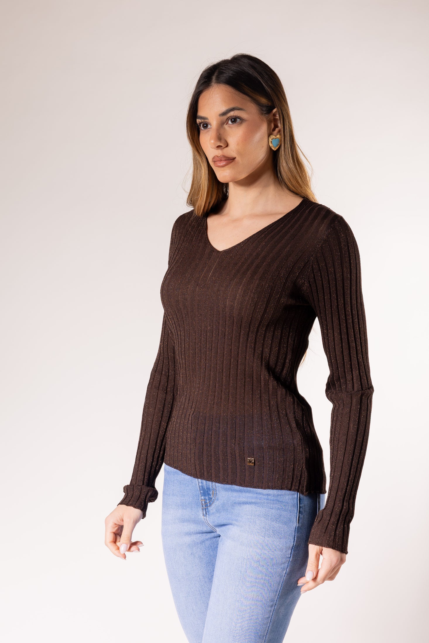 Maglione a coste con scollo a V|Colore:Caffe