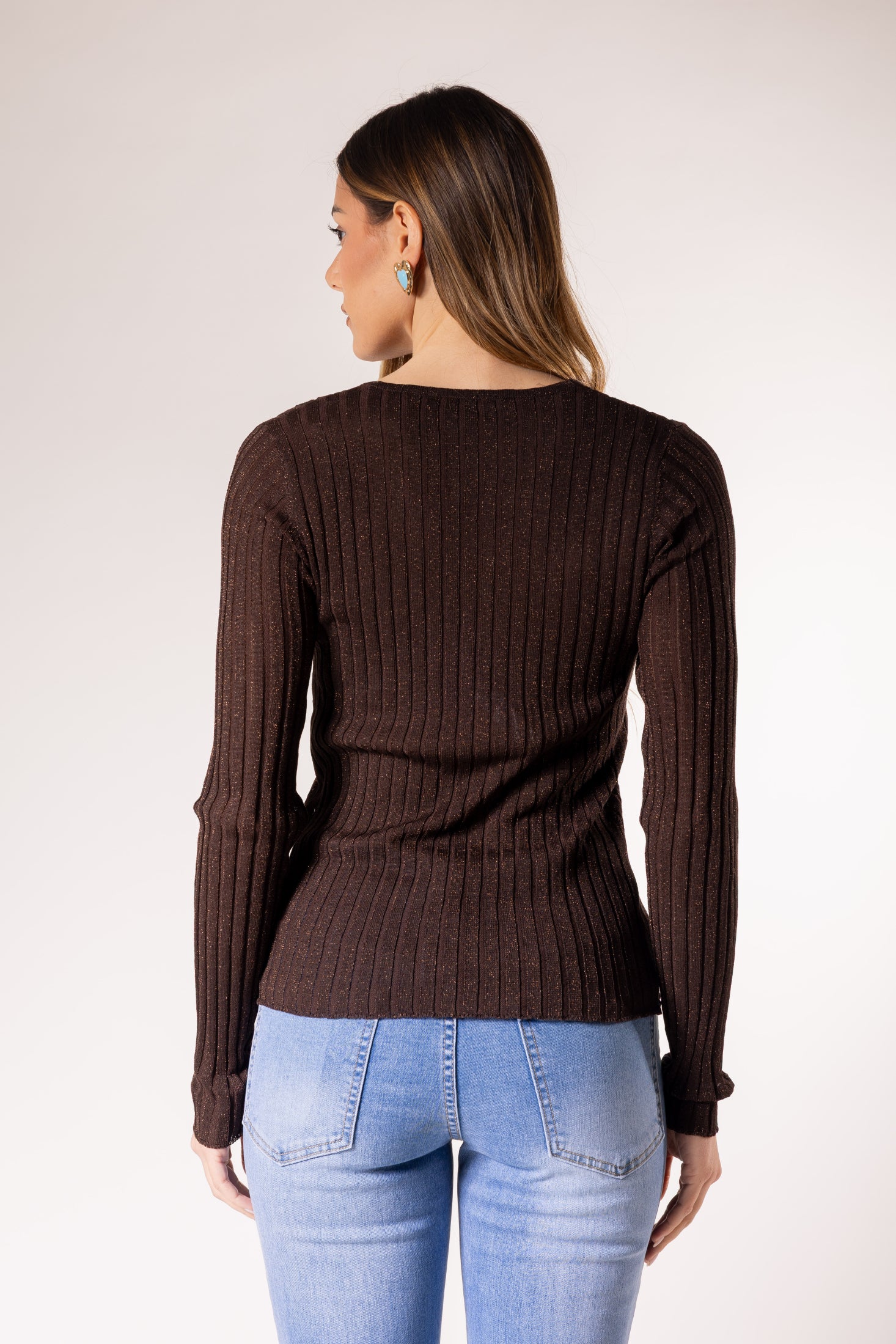 Maglione a coste con scollo a V|Colore:Caffe