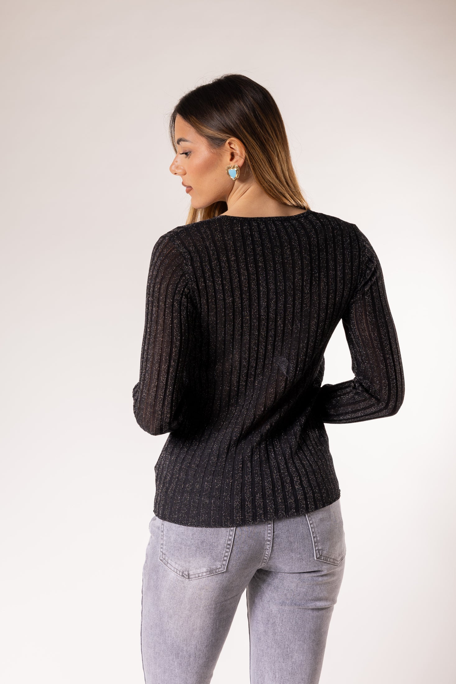 Maglione a coste con scollo a V|Colore:Nero