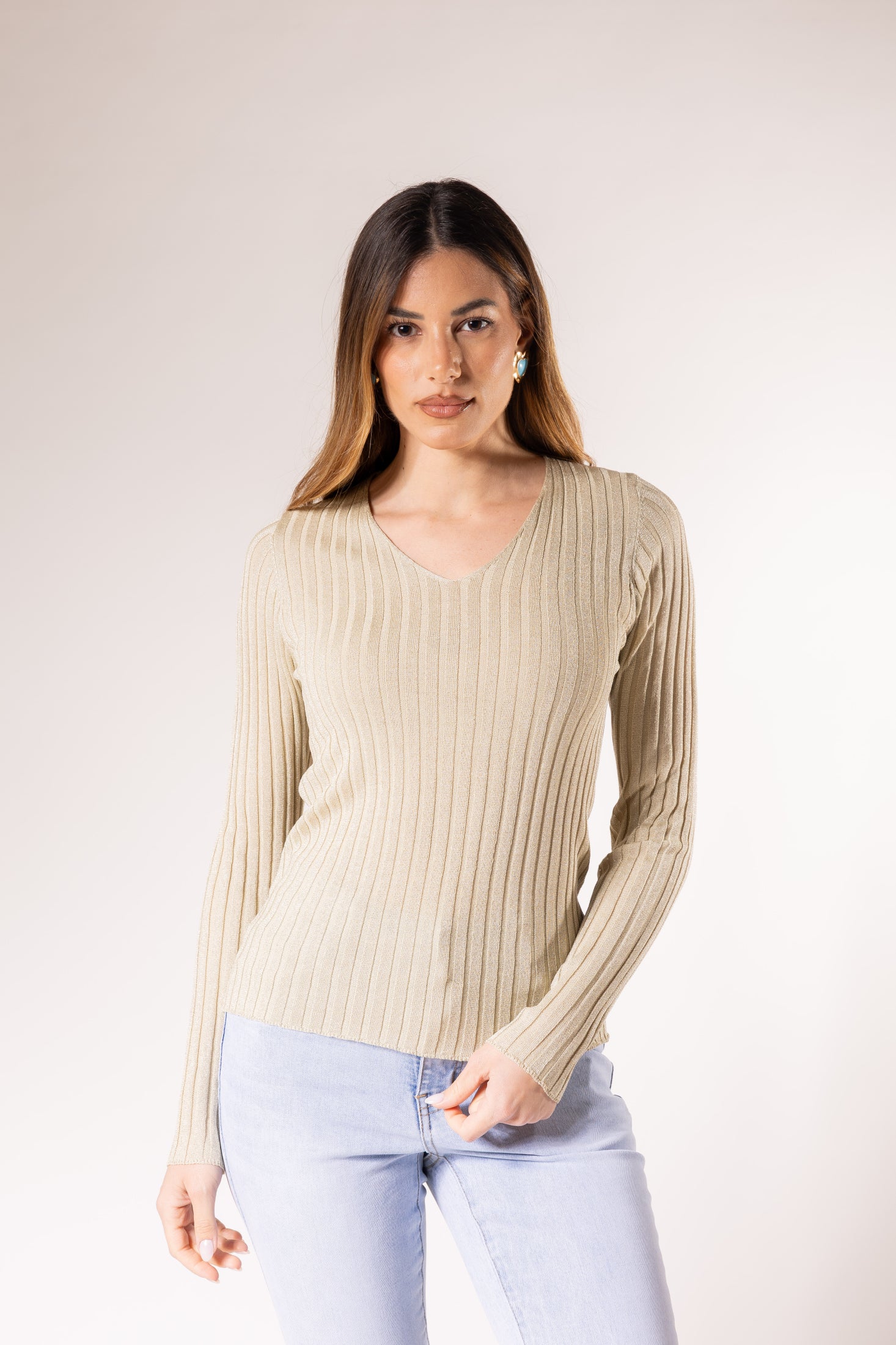 Maglione a coste con scollo a V|Colore:Beige
