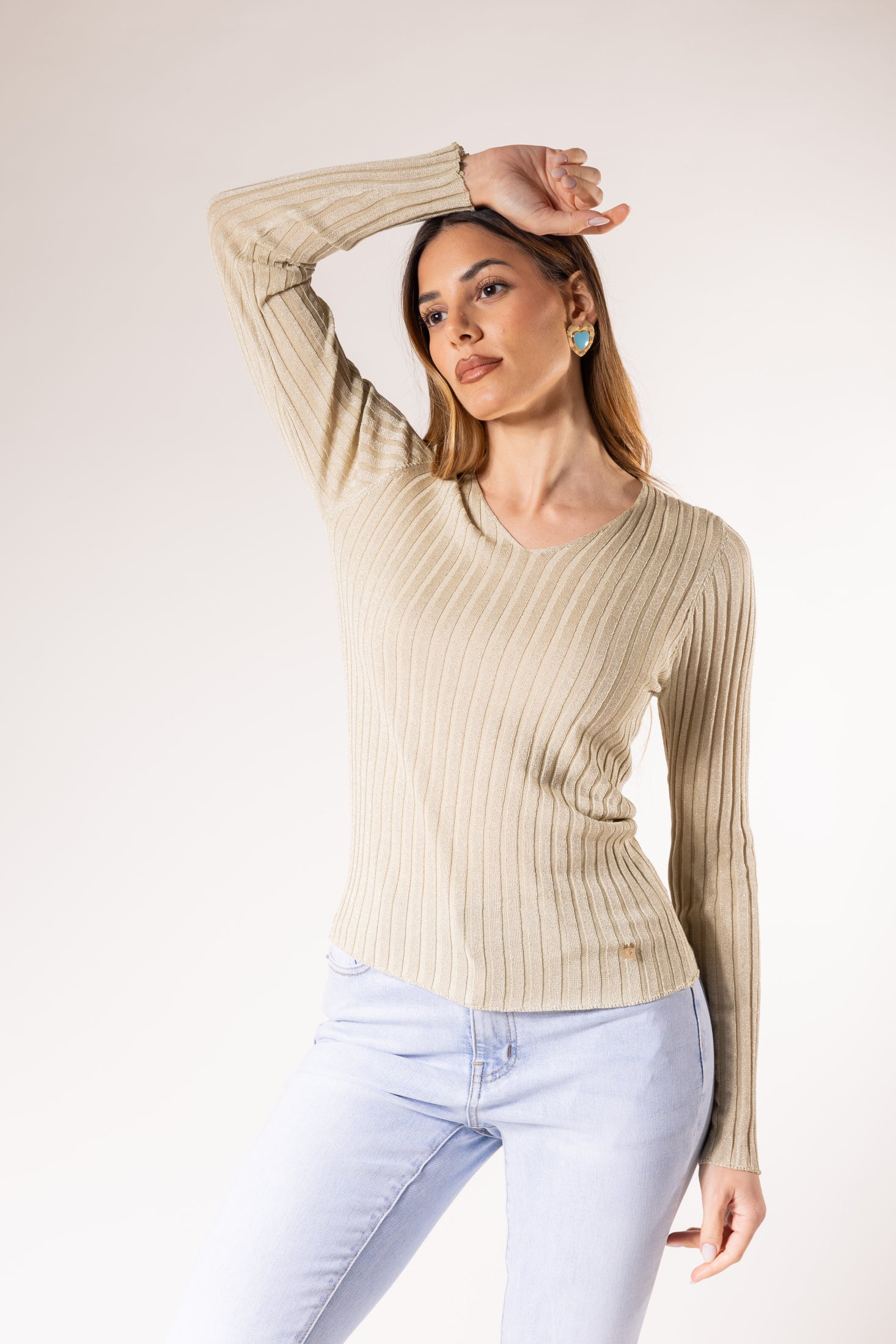 Maglione a coste con scollo a V|Colore:Beige