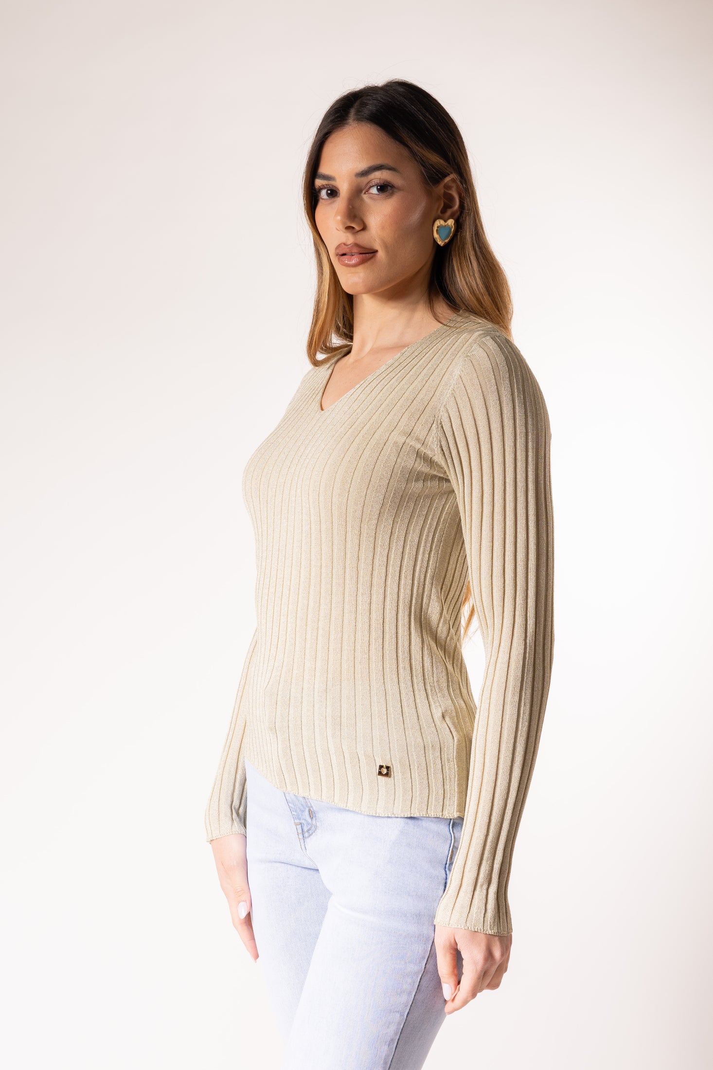 Maglione a coste con scollo a V|Colore:Beige