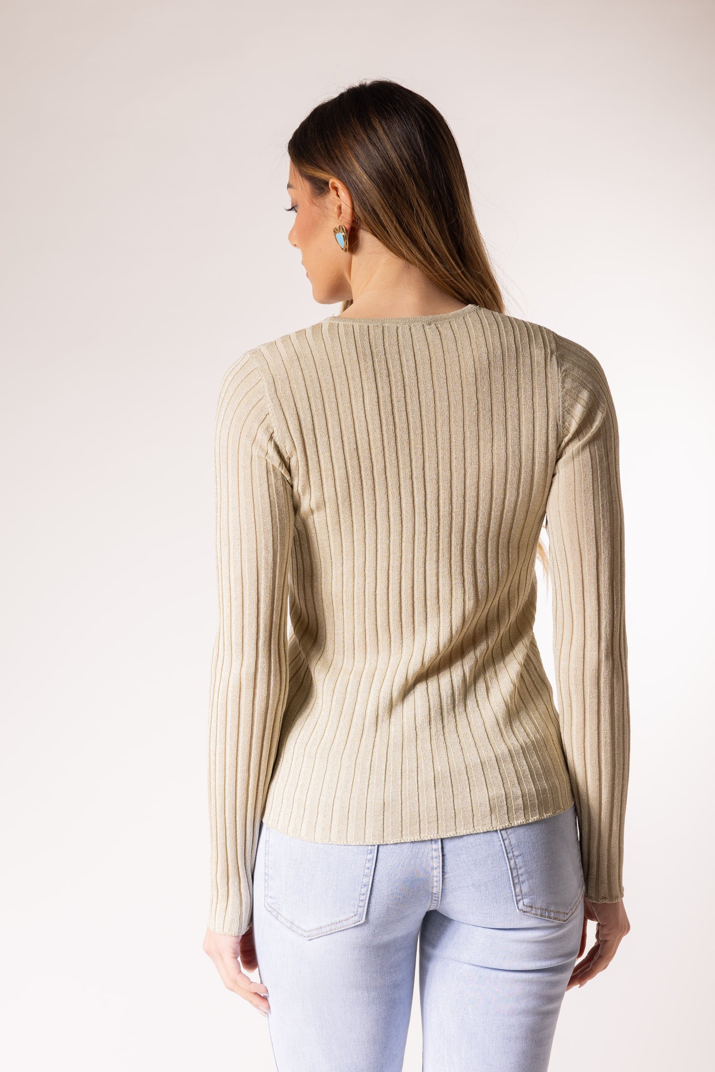 Maglione a coste con scollo a V|Colore:Beige
