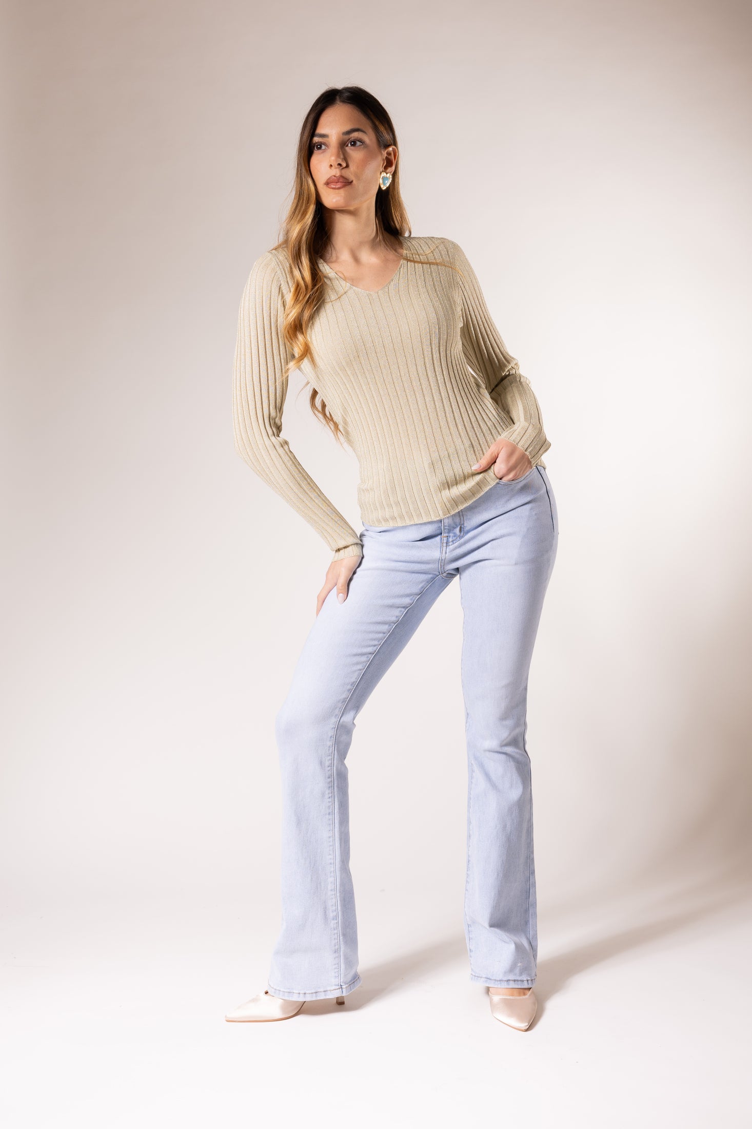 Maglione a coste con scollo a V|Colore:Beige