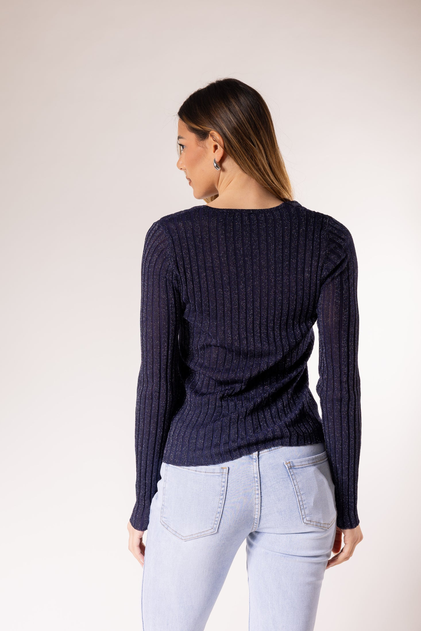 Maglione a coste con scollo a V|Colore:Blu scuro